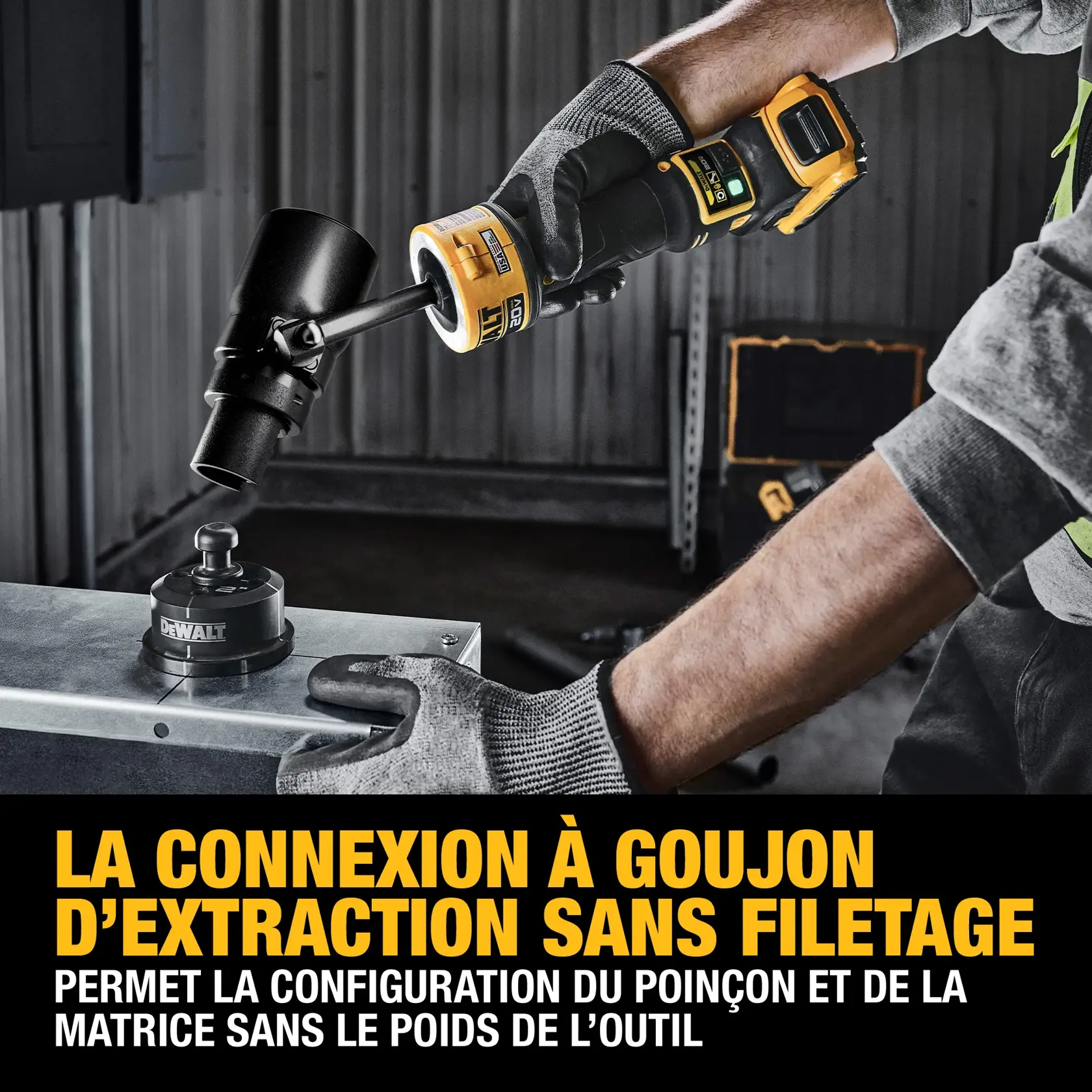 A person wearing gloves uses a DEWALT cordless tool with a threadless draw stud connection to set up a punch and die on a metal surface. Bold text on the image reads: 'THREADLESS DRAW STUD CONNECTION allows punch and die setup without weight of the tool.'