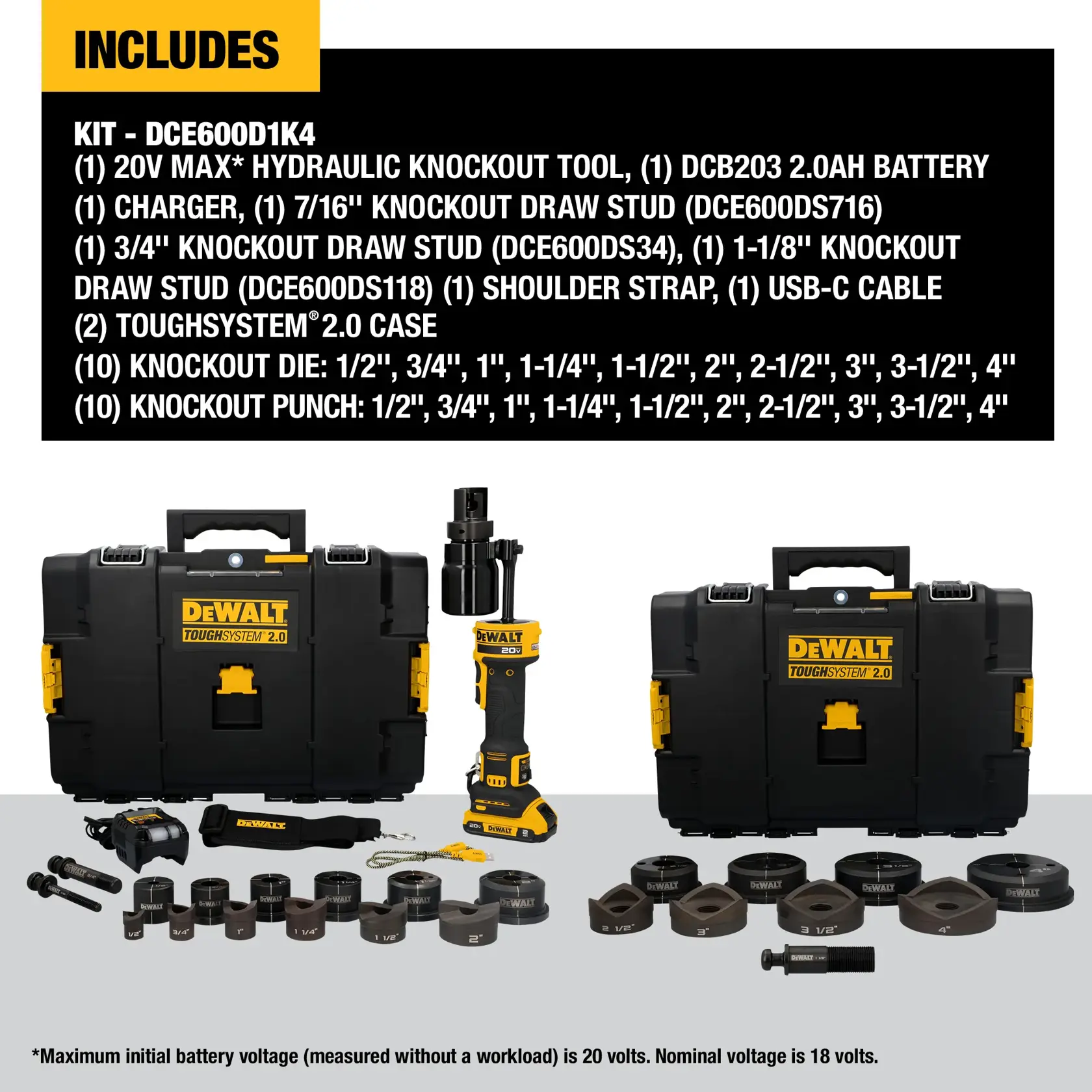 Image showing the DEWALT DCE600D1K4 hydraulic knockout tool kit, including a 20V MAX hydraulic knockout tool, battery, charger, knockout draw studs, shoulder strap, USB-C cable, two Toughsystem 2.0 cases, ten knockout dies, ten knockout punches, and accessories neatly arranged. The kit contents are listed in detail above the product display.