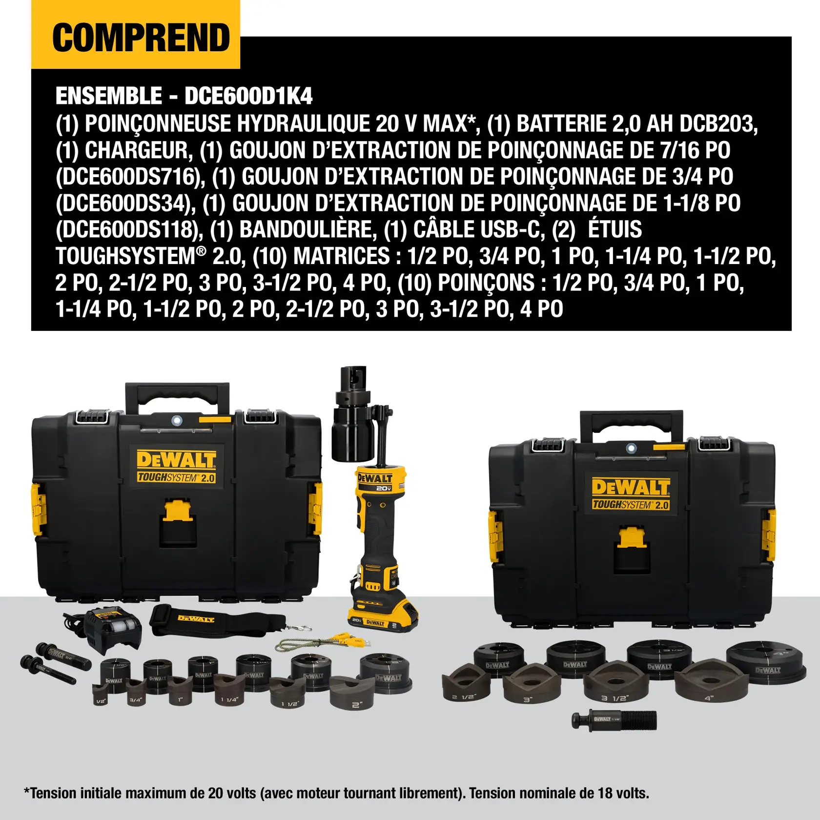 Image showing the DEWALT DCE600D1K4 hydraulic knockout tool kit, including a 20V MAX hydraulic knockout tool, battery, charger, knockout draw studs, shoulder strap, USB-C cable, two Toughsystem 2.0 cases, ten knockout dies, ten knockout punches, and accessories neatly arranged. The kit contents are listed in detail above the product display.