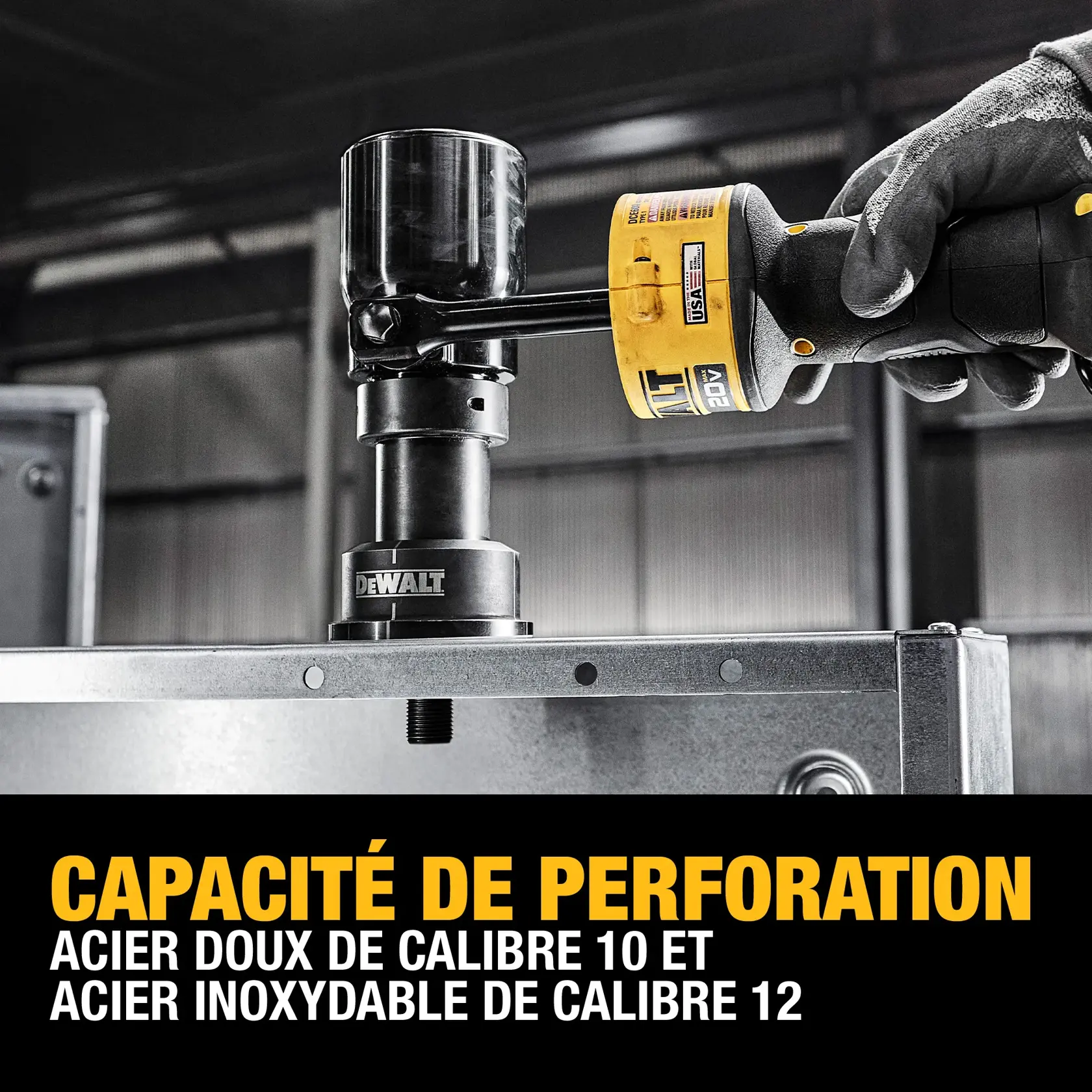 A close-up of a DEWALT power tool being used to punch a hole in a metal sheet. The image highlights the tool's punch capacity for 10 gauge mild steel and 12 gauge stainless steel. The text at the bottom emphasizes 'Punch Capacity'.