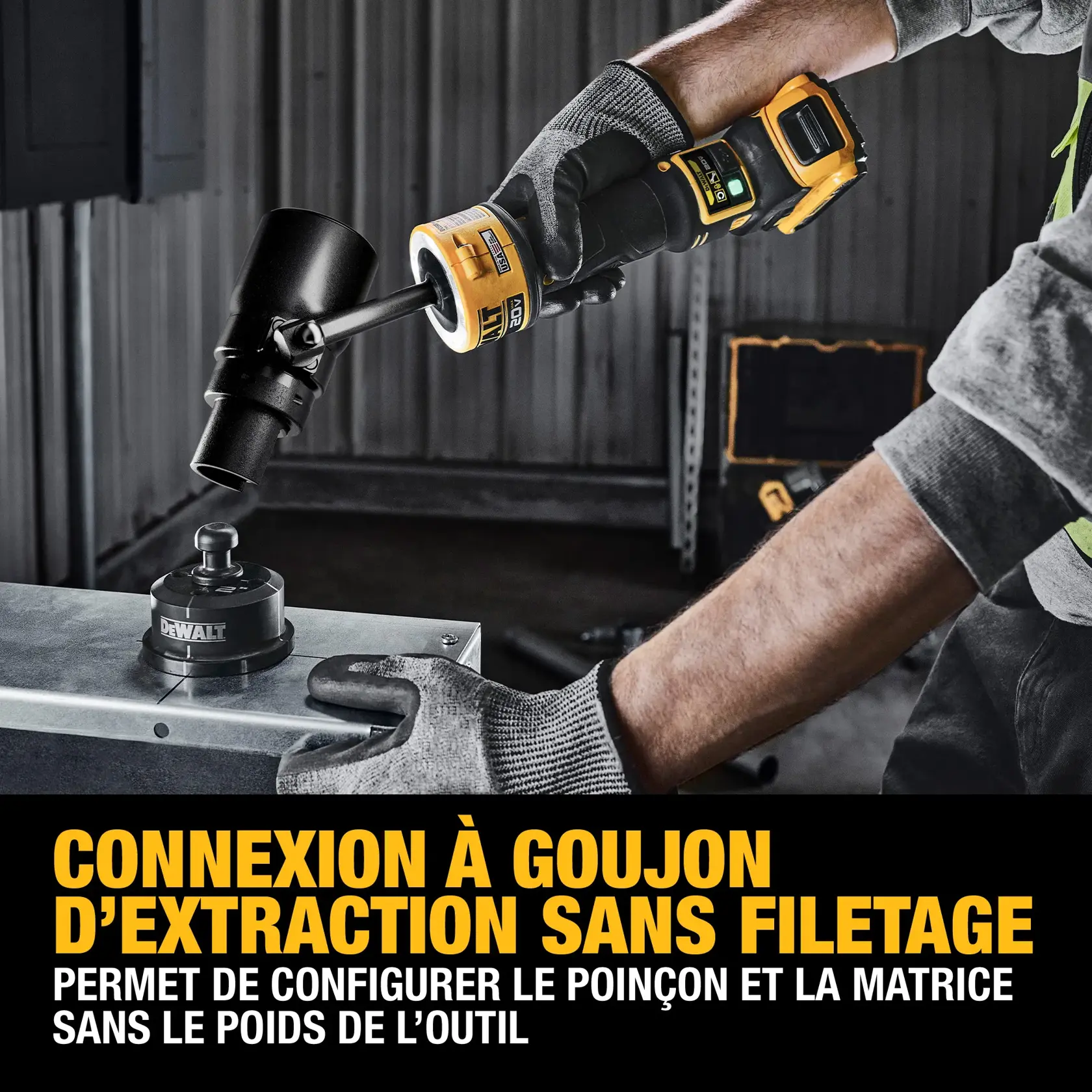 A person wearing gloves is using a DEWALT power tool with a threadless draw stud connection feature to set up a punch and die on a metal surface. The image highlights the ease of setup without needing to handle the weight of the tool.