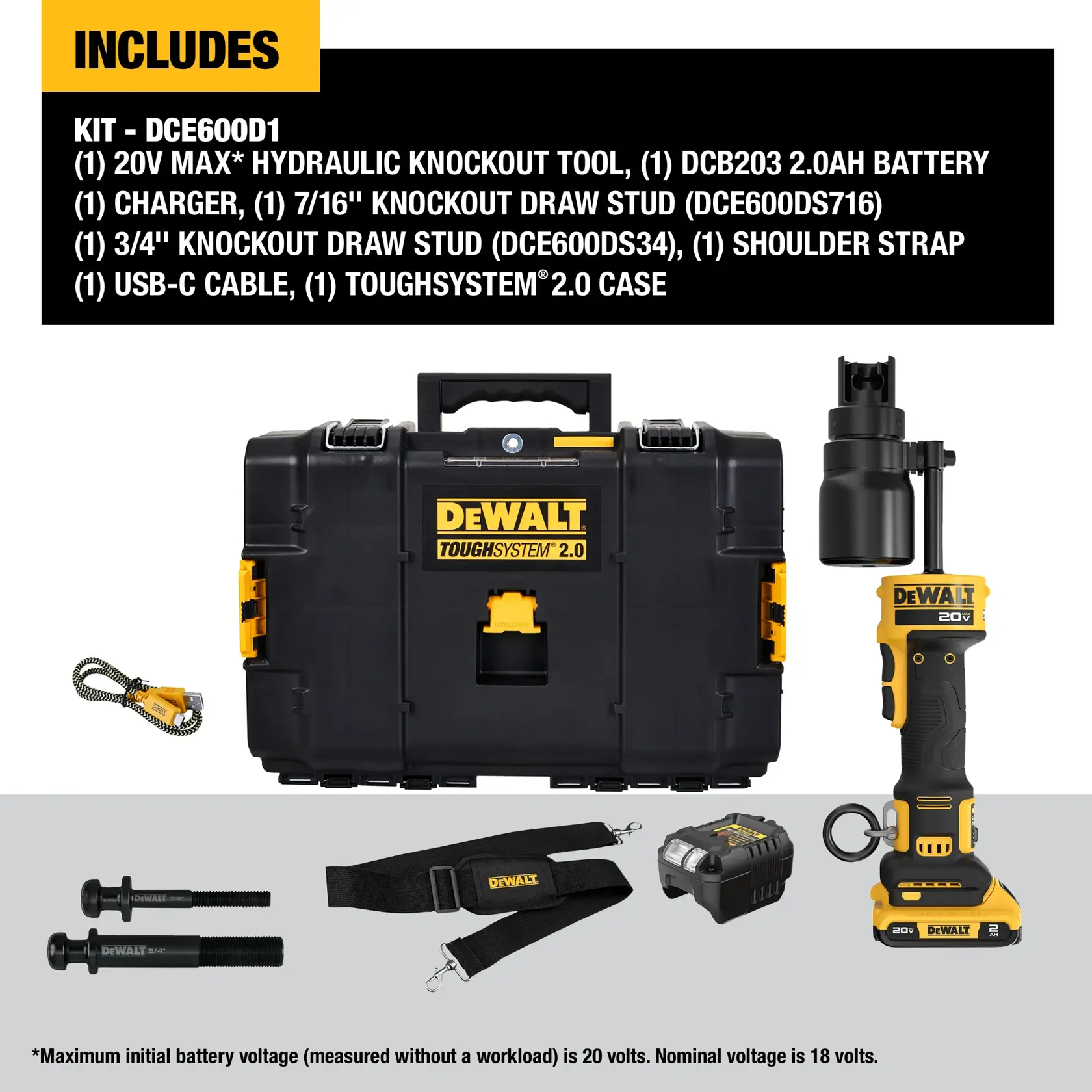 DEWALT 20V MAX hydraulic knockout tool kit, model DCE600D1. The image shows all included components: a black ToughSystem 2.0 carrying case with yellow DEWALT branding, the 20V MAX hydraulic knockout tool, a DCB203 2.0Ah battery, a charger, a 7/16 inch knockout draw stud, a 3/4 inch knockout draw stud, a shoulder strap, and a USB-C cable. The text lists these items and notes the maximum battery voltage is 20 volts.