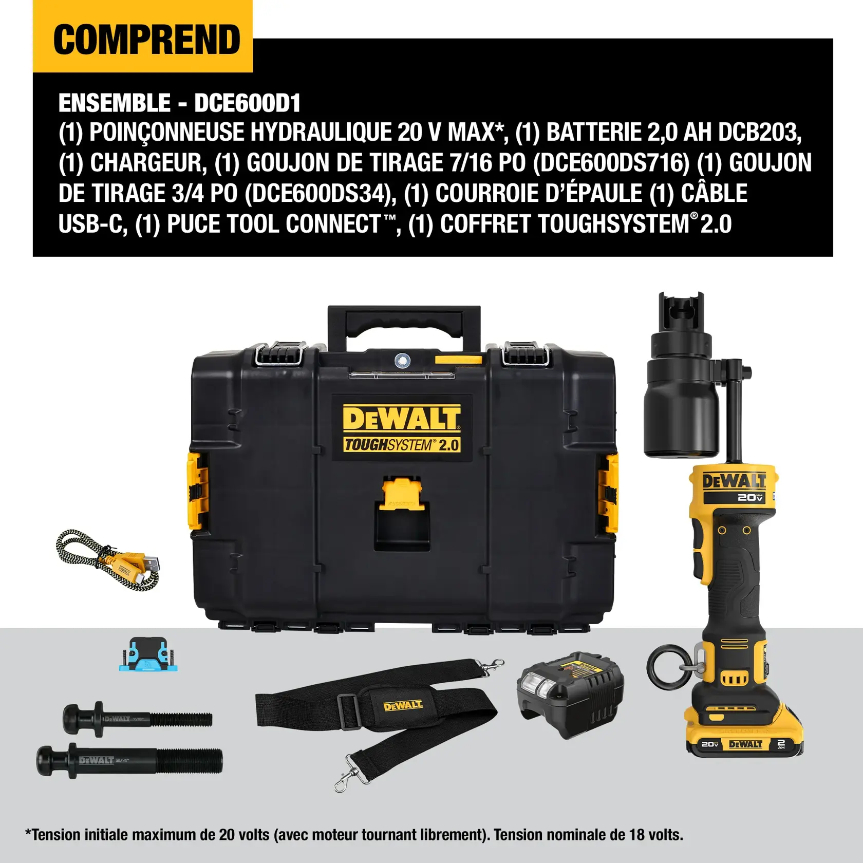 DEWALT 20V MAX hydraulic knockout tool kit, model DCE600D1. The image shows all included components: a black ToughSystem 2.0 carrying case with yellow DEWALT branding, the 20V MAX hydraulic knockout tool, a DCB203 2.0Ah battery, a charger, a 7/16 inch knockout draw stud, a 3/4 inch knockout draw stud, a shoulder strap, and a USB-C cable. The text lists these items and notes the maximum battery voltage is 20 volts.