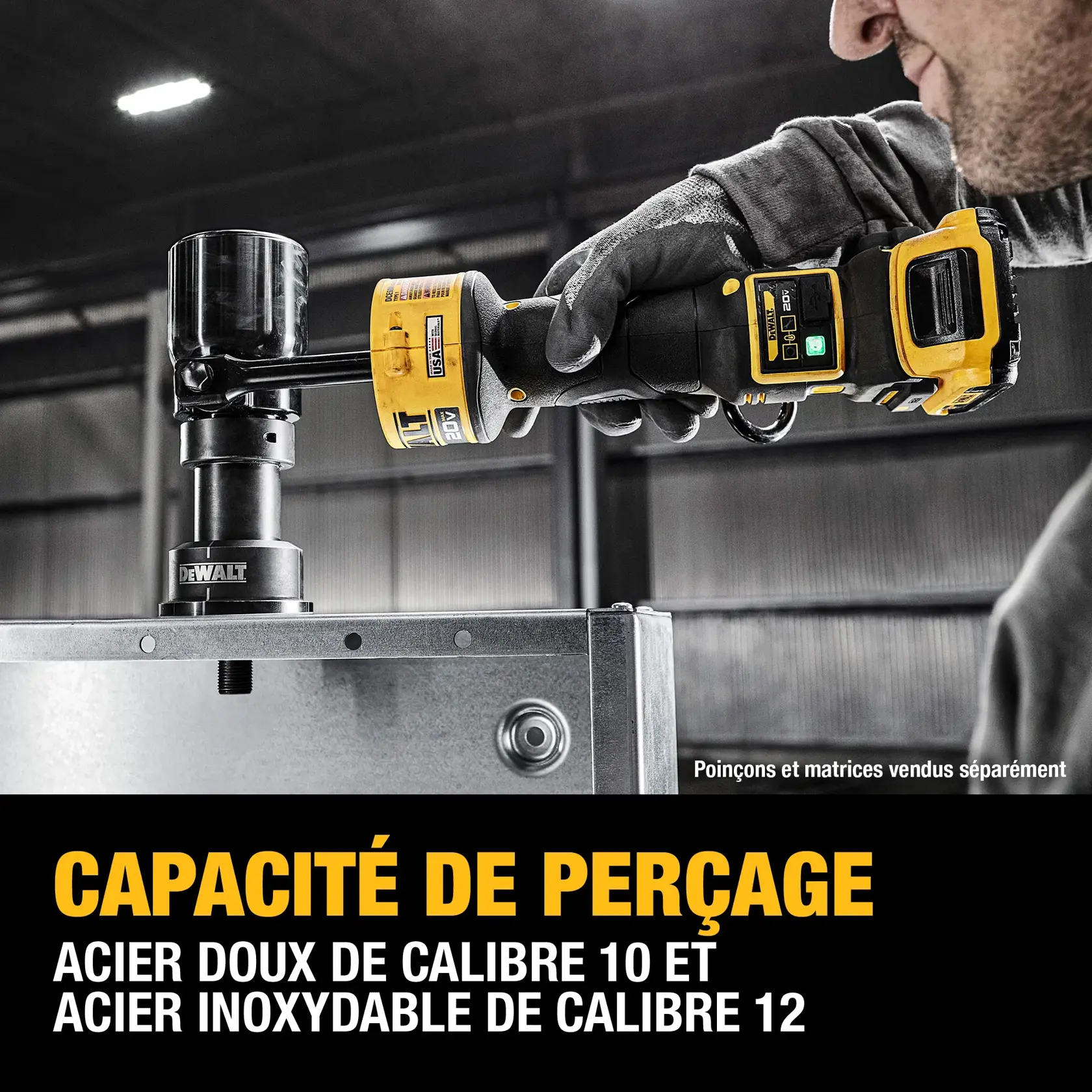 A person wearing gloves uses a DEWALT cordless power tool with a punch attachment to work on a metal surface. The image highlights the tool's punch capacity for 10 gauge mild steel and 12 gauge stainless steel. Text indicates that punches and dies are sold separately.