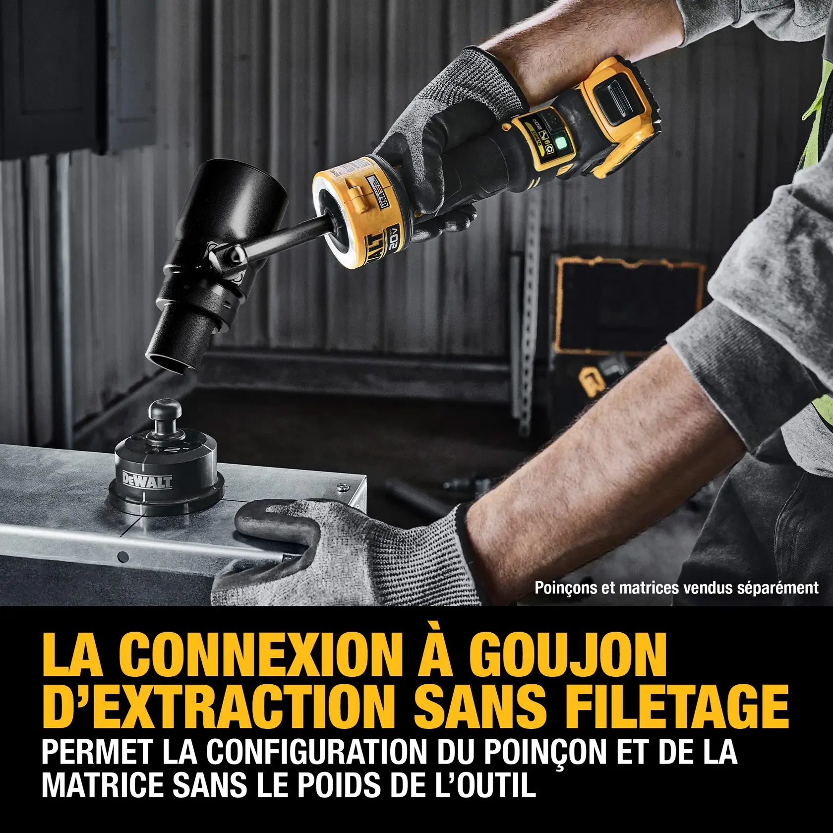 A person using a DEWALT cordless power tool with gloves to connect a threadless draw stud to a metal panel. The tool's design allows punch and die setup without bearing the tool's weight. Text on the image highlights the threadless draw stud connection feature and mentions that punches and dies are sold separately.