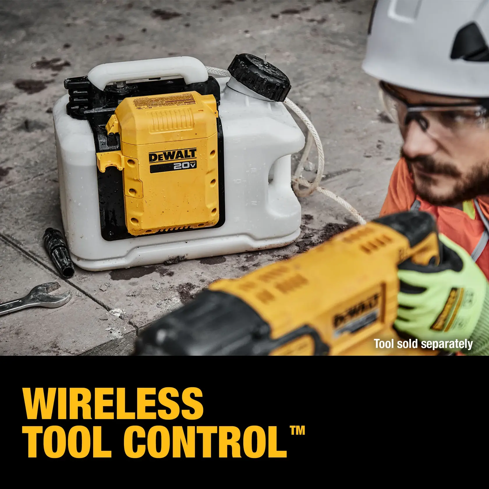 A DEWALT 20V wireless tool control device attached to a white container, placed on a workshop floor with tools and gloves visible nearby. Product branding and 'Wireless Tool Control' text are highlighted. The tool is sold separately.