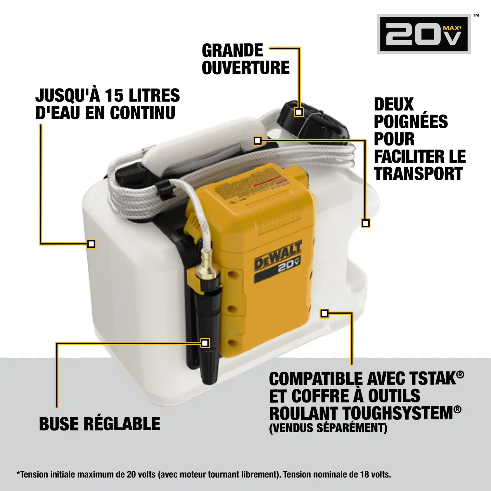 DEWALT 20V MAX battery-powered sprayer, model DCE6820B, featuring a white tank and yellow motor unit. Key features highlighted in the image include: large mouth opening, two handles for portability, up to 4 gallons (15L) steady water flow, adjustable nozzle, and compatibility with T-STAK and Tough System rolling toolbox (sold separately).