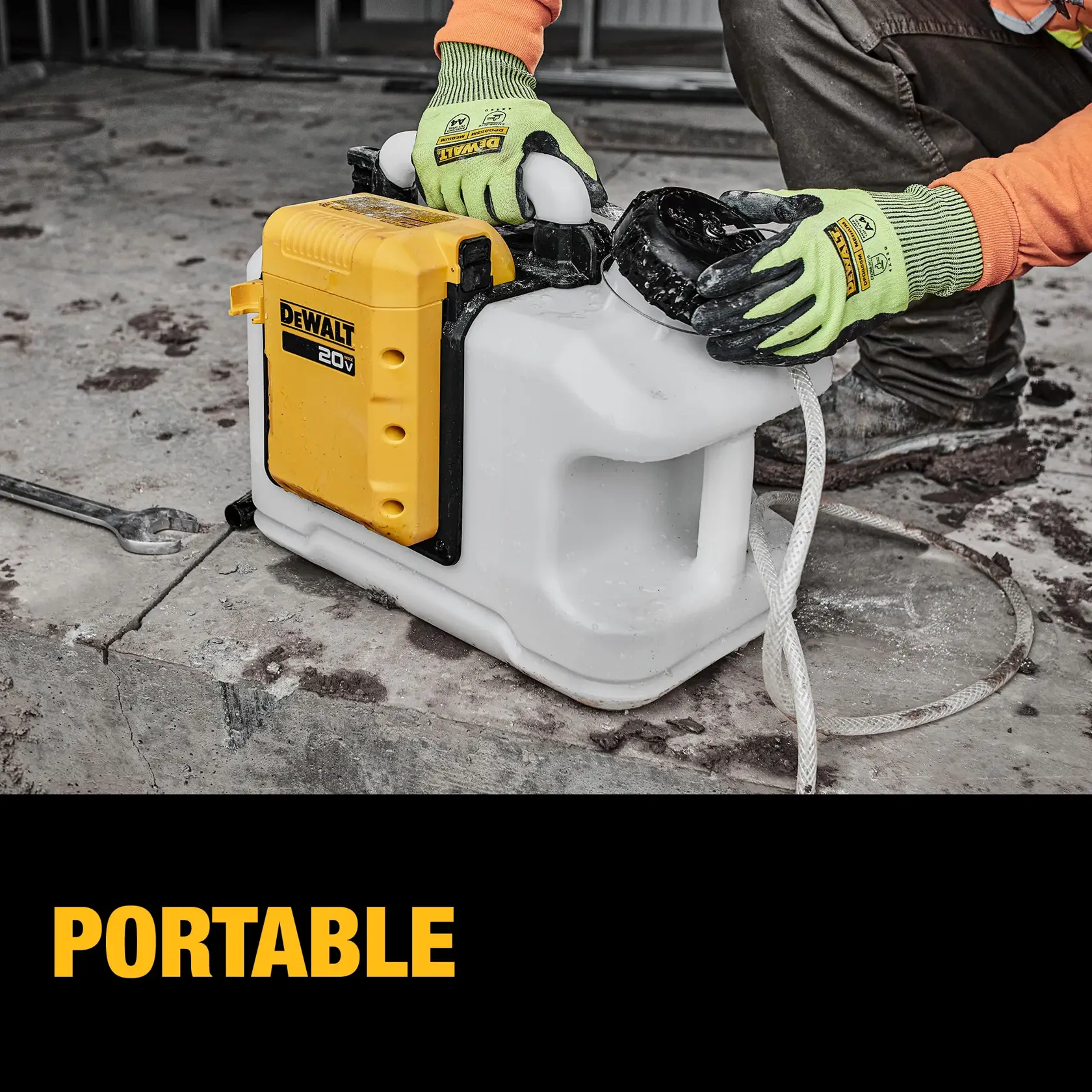 A Dewalt 20V compact portable sprayer with a yellow battery compartment attached to a white tank, sitting on a construction site floor. The word 'COMPACT' is displayed at the bottom in bold yellow letters.
