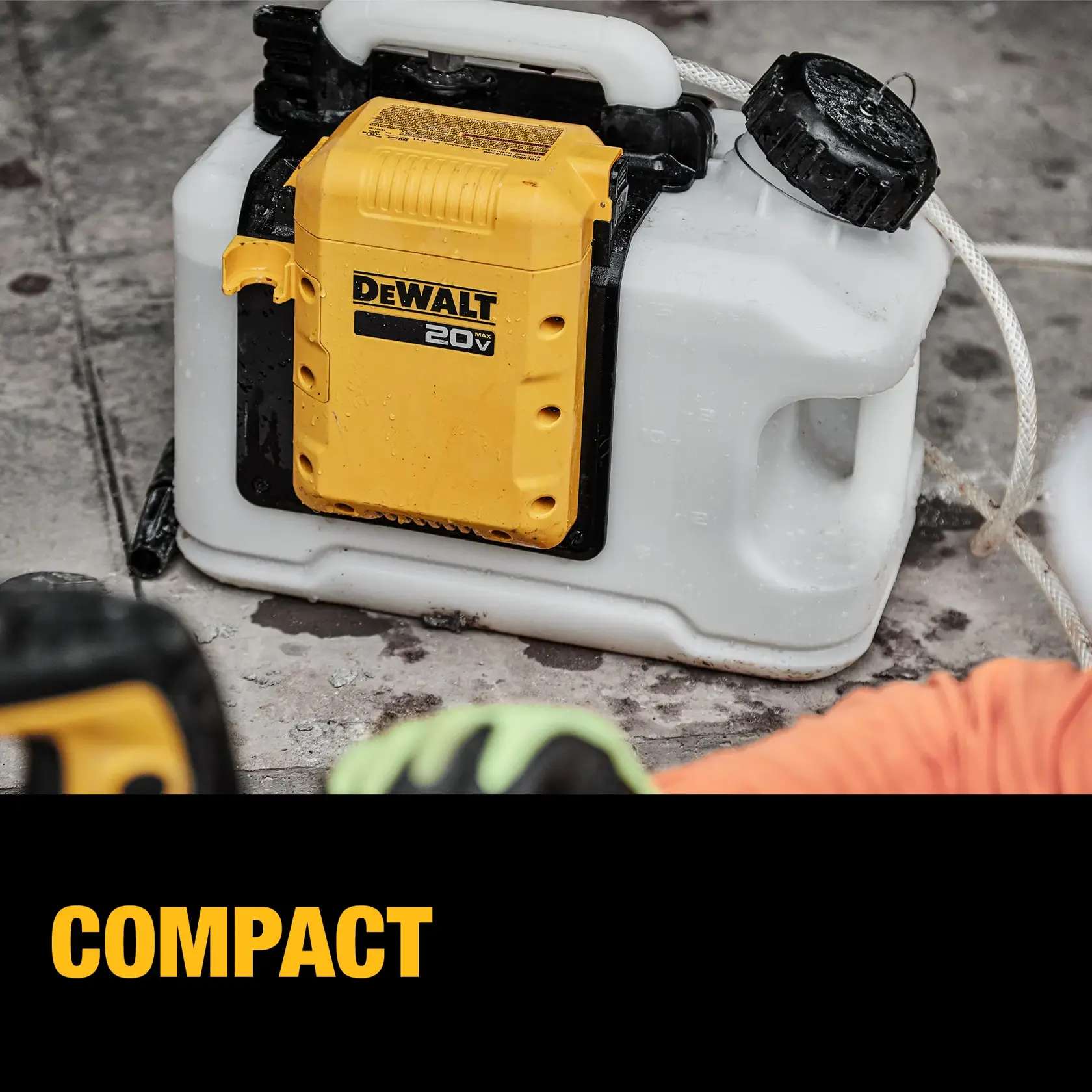 A Dewalt 20V compact portable sprayer with a yellow battery compartment attached to a white tank, sitting on a construction site floor. The word 'COMPACT' is displayed at the bottom in bold yellow letters.