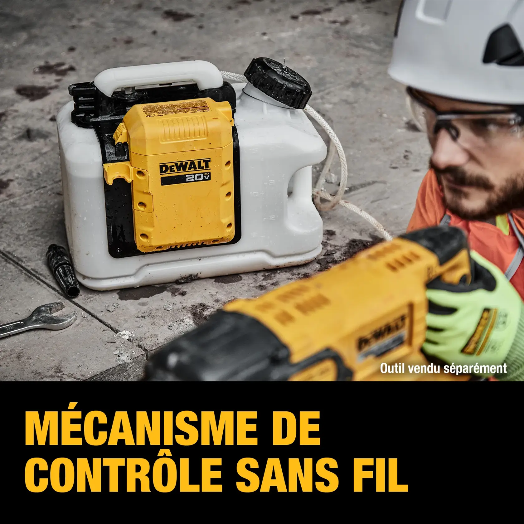 A DEWALT 20V battery-powered compact sprayer in yellow and white, placed on a wet concrete surface. The word 'COMPACT' is shown in bold yellow text at the bottom.