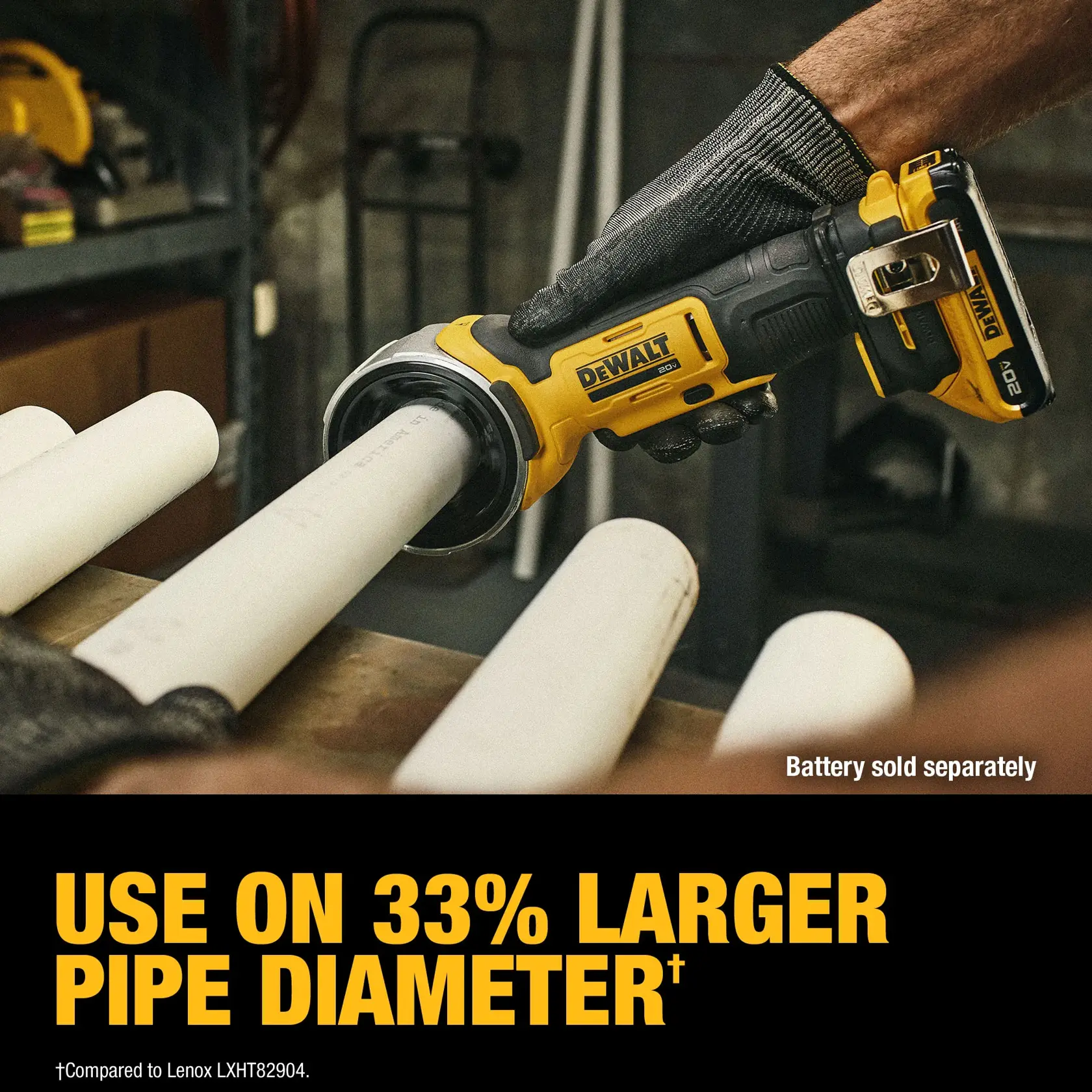 A person wearing gloves uses a DEWALT 20V cordless pipe cutter to cut a white plastic pipe in a workshop. The tool is shown cutting a pipe, with the text indicating it can handle 33% larger pipe diameter compared to a specified model. 'Battery sold separately' is mentioned in the image.