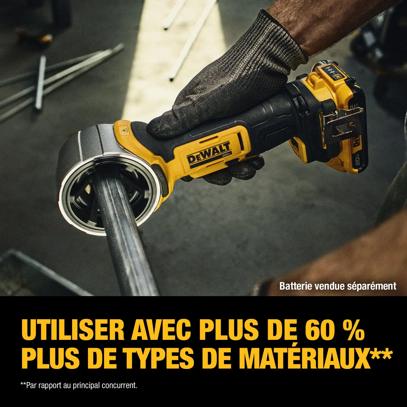 A DEWALT cordless power tool is held by a person wearing work gloves, cutting a metal pipe. The text below highlights that the tool can be used with over 60% more material types. Battery is sold separately.