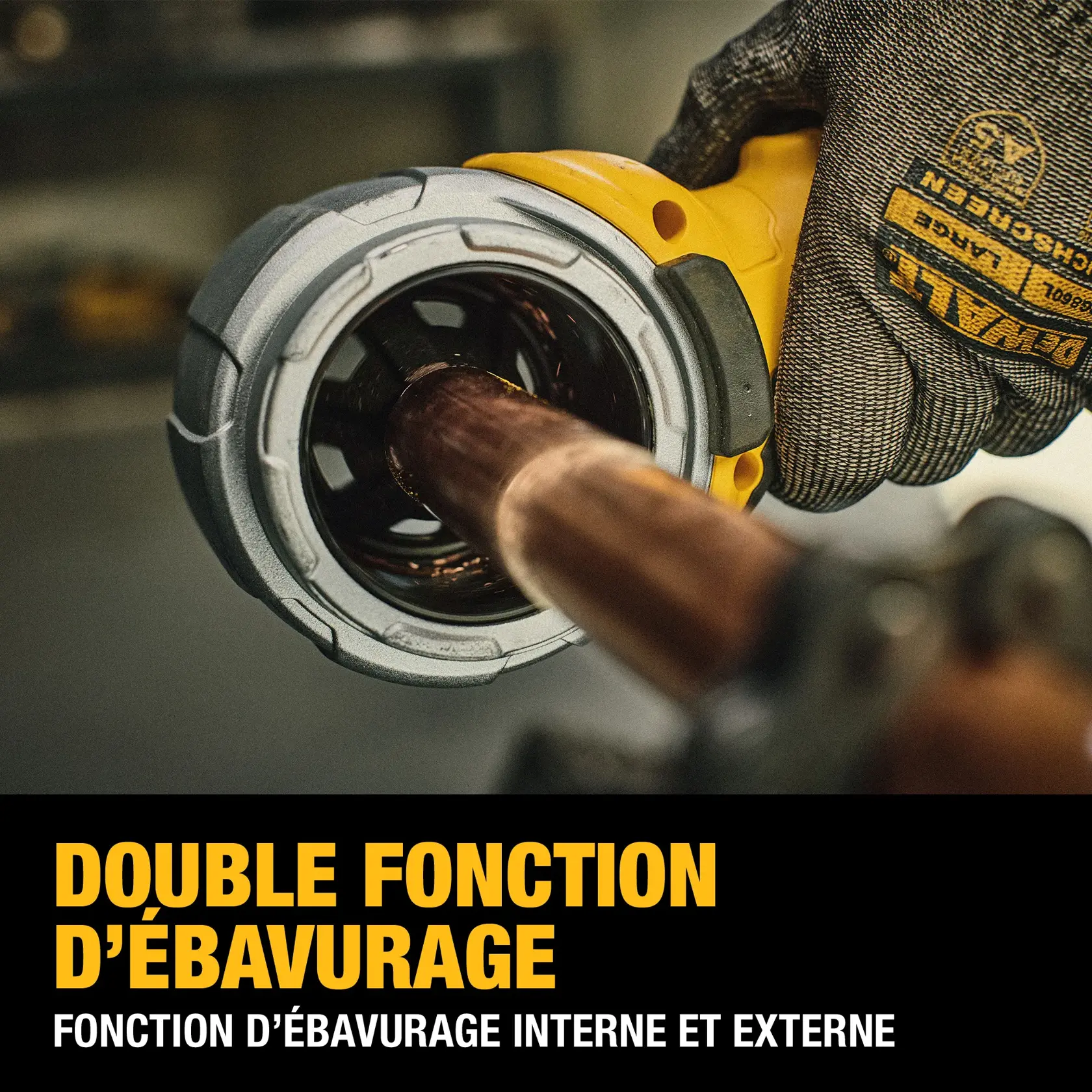 Close-up of a person wearing DEWALT branded gloves using a DEWALT tool to deburr the end of a copper pipe. The text on the image highlights the tool's dual-deburring function for both inner and outer edges.