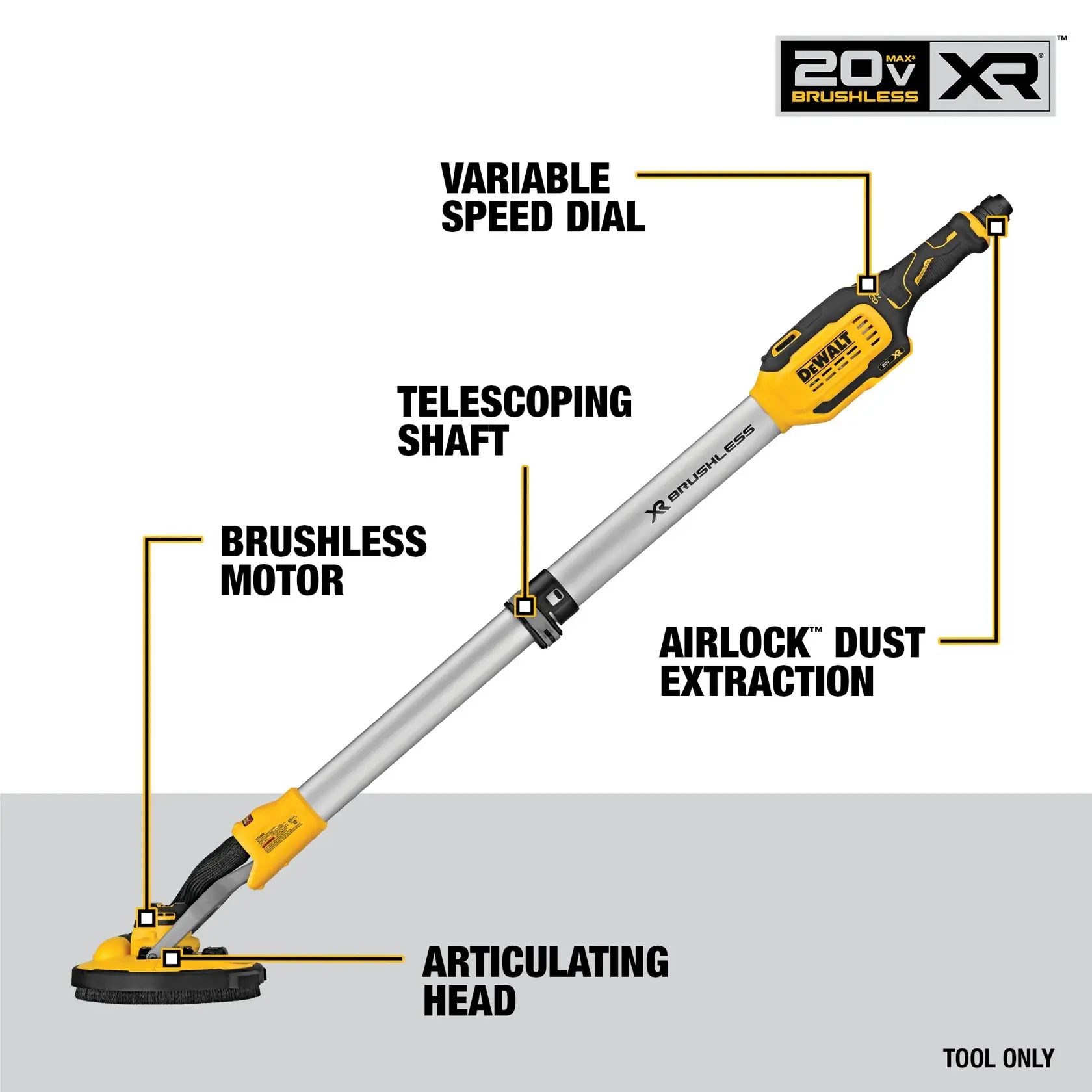 Image of a DEWALT 20V MAX XR brushless drywall sander with labeled features including variable speed dial, telescoping shaft, brushless motor, Airlock dust extraction, and articulating head. The tool is shown in yellow and silver colors with black accents, and the image notes 'Tool Only'.