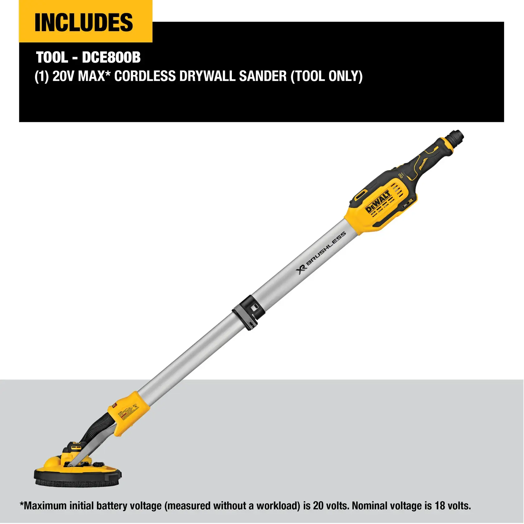 Image showing the DEWALT DCE800B 20V Max cordless drywall sander (tool only). The sander has a long telescopic handle, a yellow and black brushless motor housing, and a circular sanding head, all displayed on a neutral background with text describing the included tool.