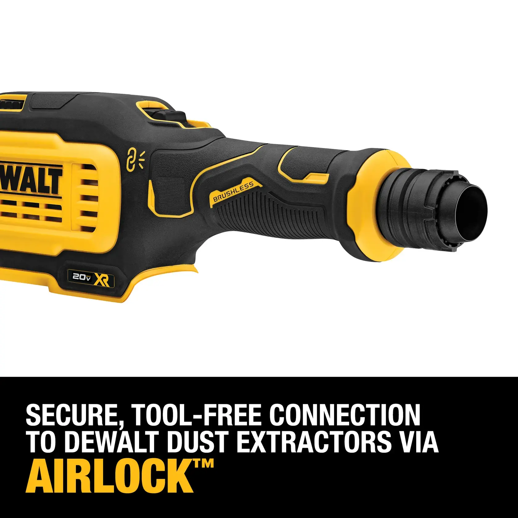 Close-up image of a DEWALT power tool handle featuring brushless technology and a secure connector for dust extractors, with text highlighting tool-free connection to DEWALT dust extractors via AIRLOCK.