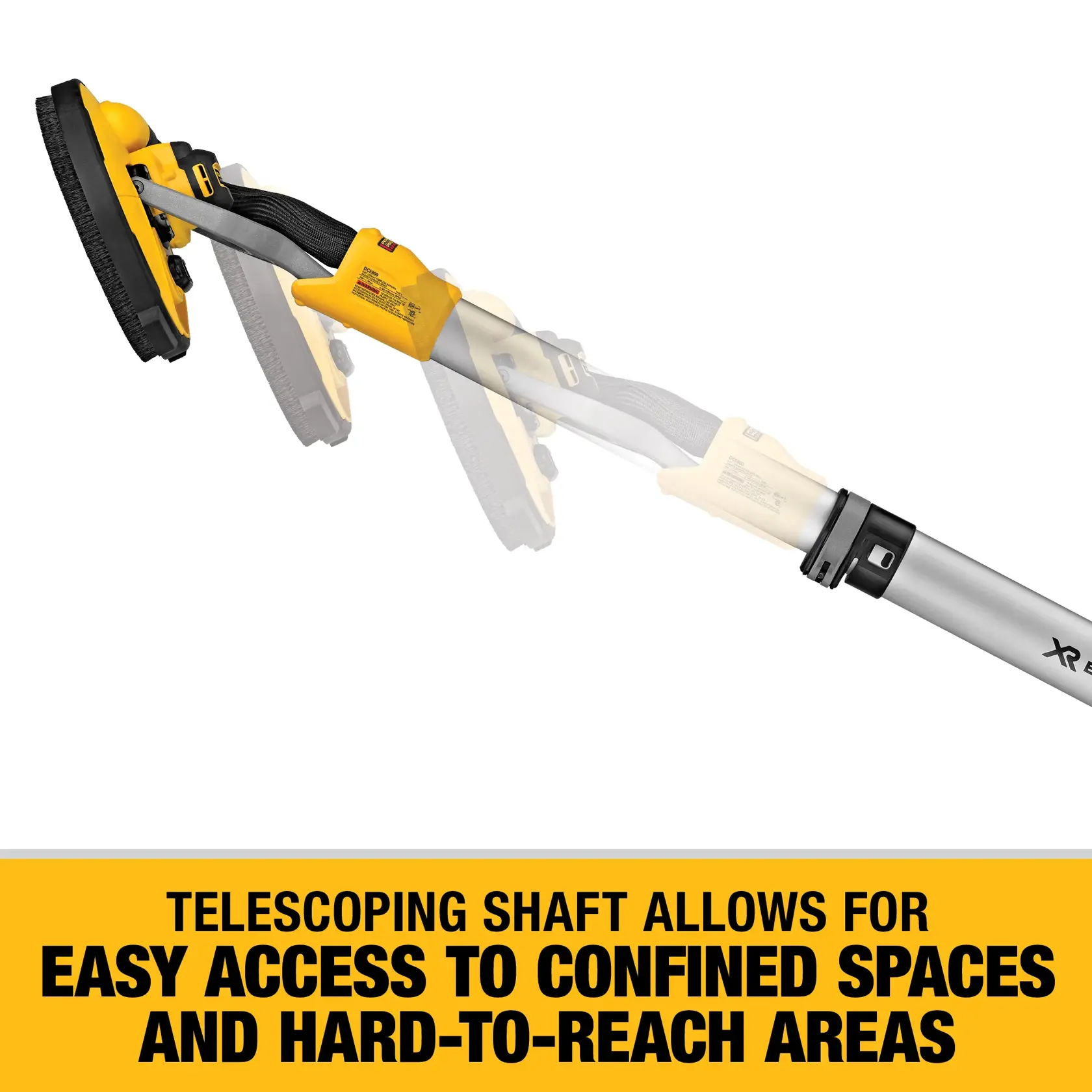 Image of a DEWALT telescoping shaft tool, shown extended and retracted, with text that reads: Telescoping shaft allows for easy access to confined spaces and hard-to-reach areas.