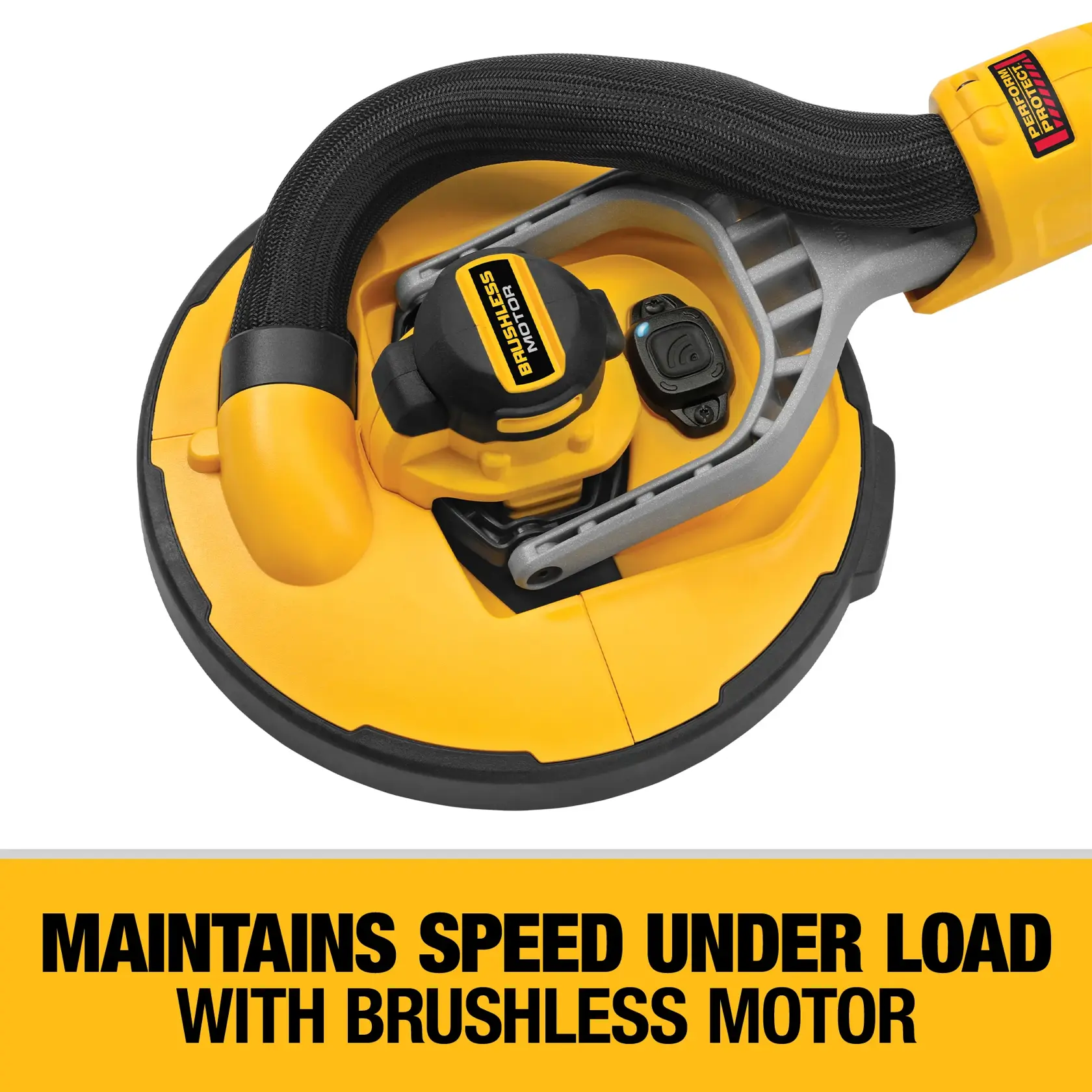 Close-up view of a DEWALT DCE800P2 power tool, featuring a brushless motor. A hose attachment is visible, and the bottom of the tool is yellow and black. The text below states: 'Maintains speed under load with brushless motor.'