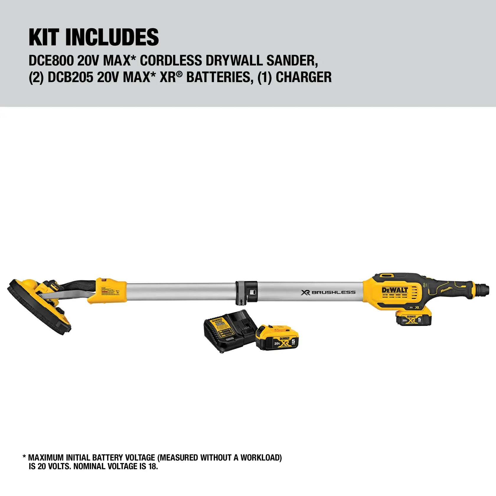 Image shows a DEWALT DCE800 20V MAX cordless drywall sander kit, including the sander tool, two 20V MAX XR batteries, and one charger. The sander is yellow and black with a telescoping handle.
