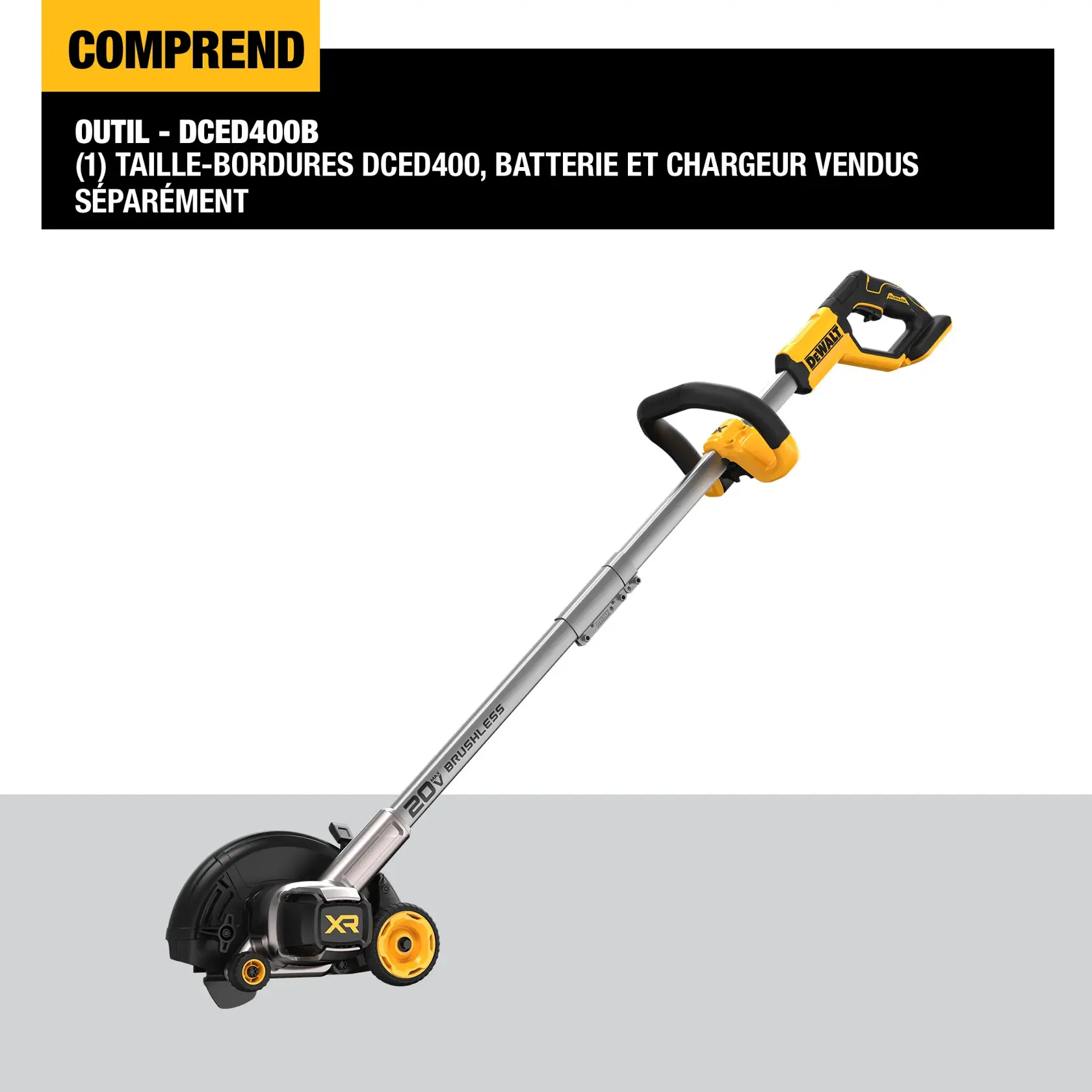 A person uses a DEWALT cordless lawn edger to trim the edge of grass along a sidewalk. The tool creates a clean separation between the sidewalk and the lawn.