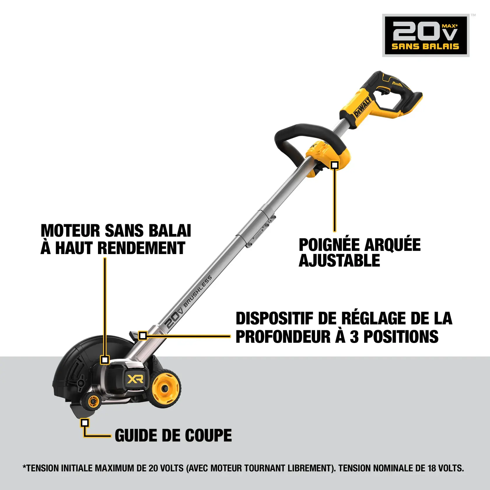 A person uses a DEWALT lawn edger to trim the edge of a grassy lawn next to a sidewalk, with green bushes in the background.