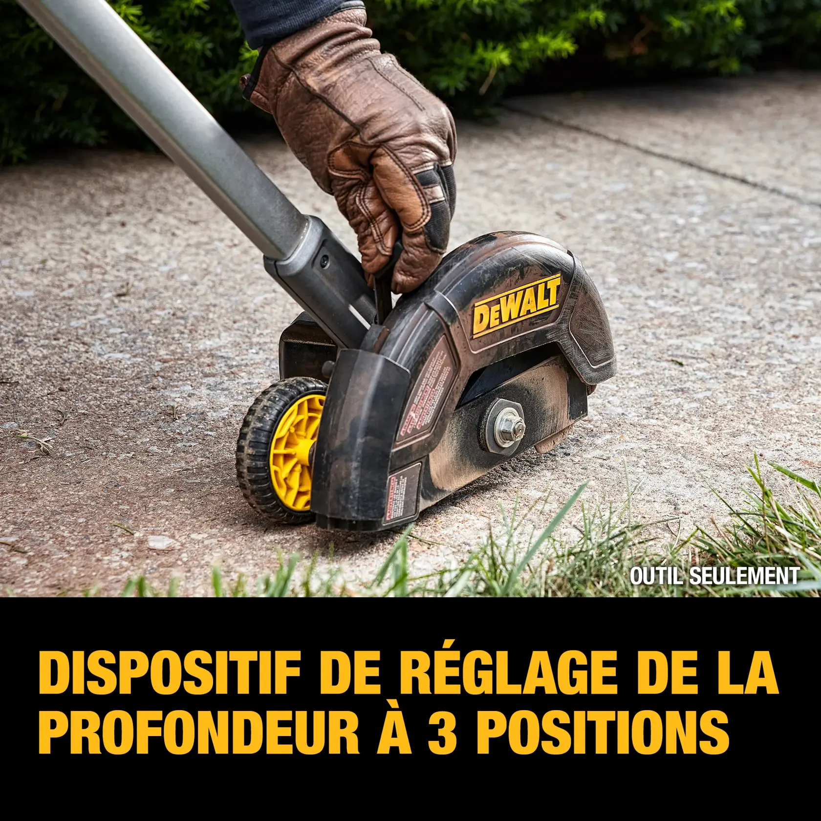 A DEWALT cordless electric lawn edger with a black and yellow handle, silver shaft, and two yellow wheels, model DCED400B.