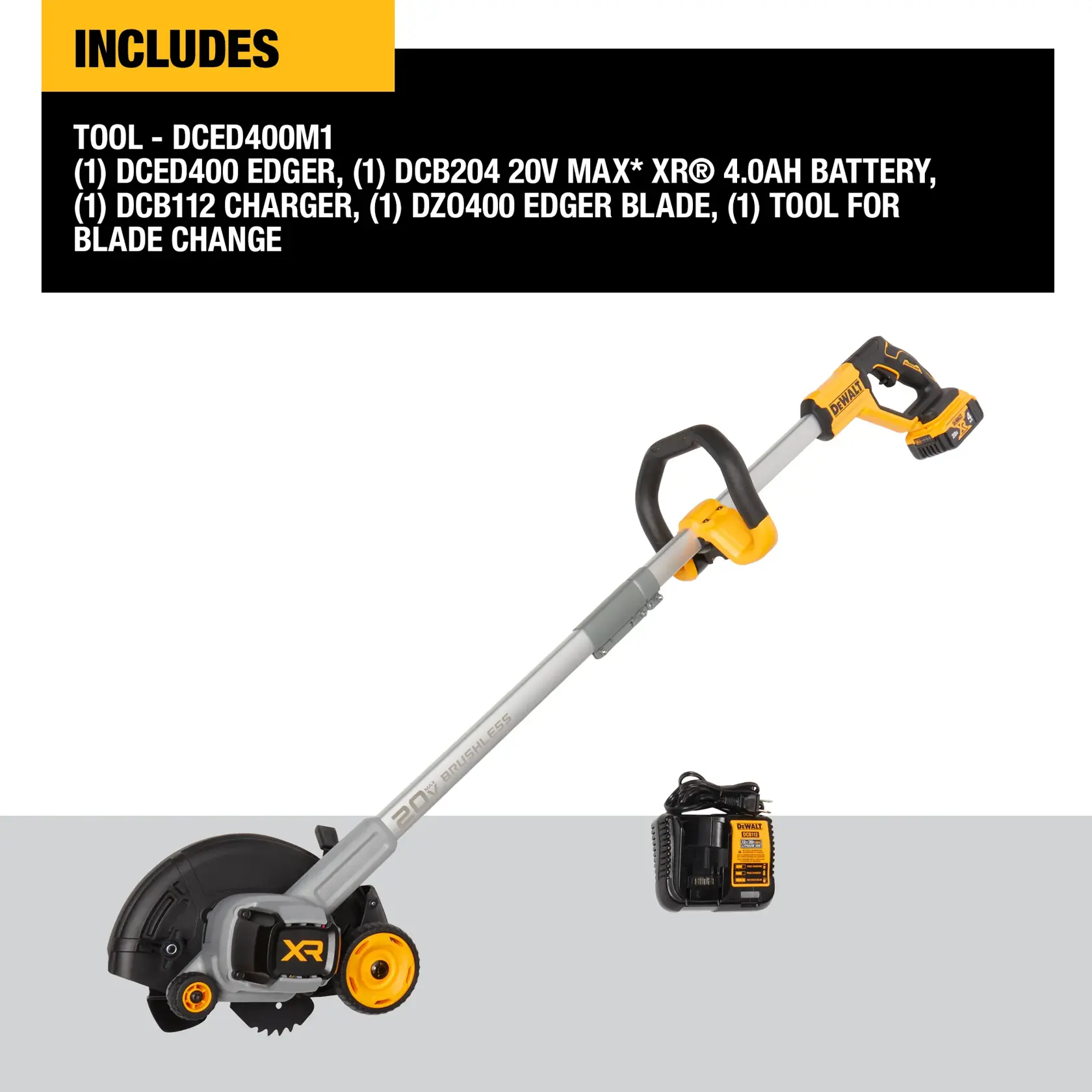 DEWALT DCED400M1 cordless edger kit. The image shows a yellow and black 20V MAX XR edger with a battery attached, a charger, and an edger blade. Text highlights that the kit includes the DCED400 edger, DCB204 20V MAX XR 4.0Ah battery, DCB112 charger, DZ0400 edger blade, and a tool for blade change.