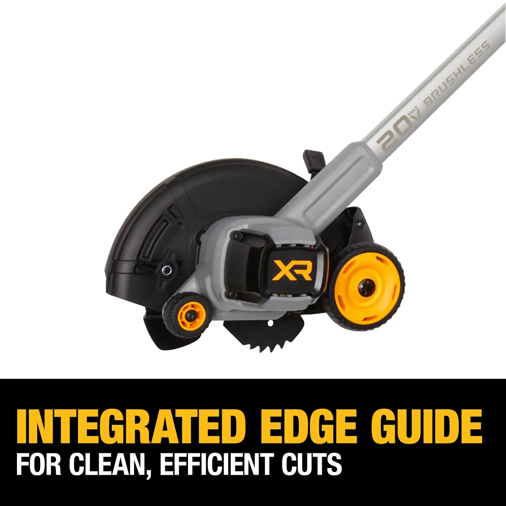 Close-up of a DEWALT 20V Max XR brushless edger tool, showing its integrated edge guide and yellow wheels, with text stating 'Integrated edge guide for clean, efficient cuts.'