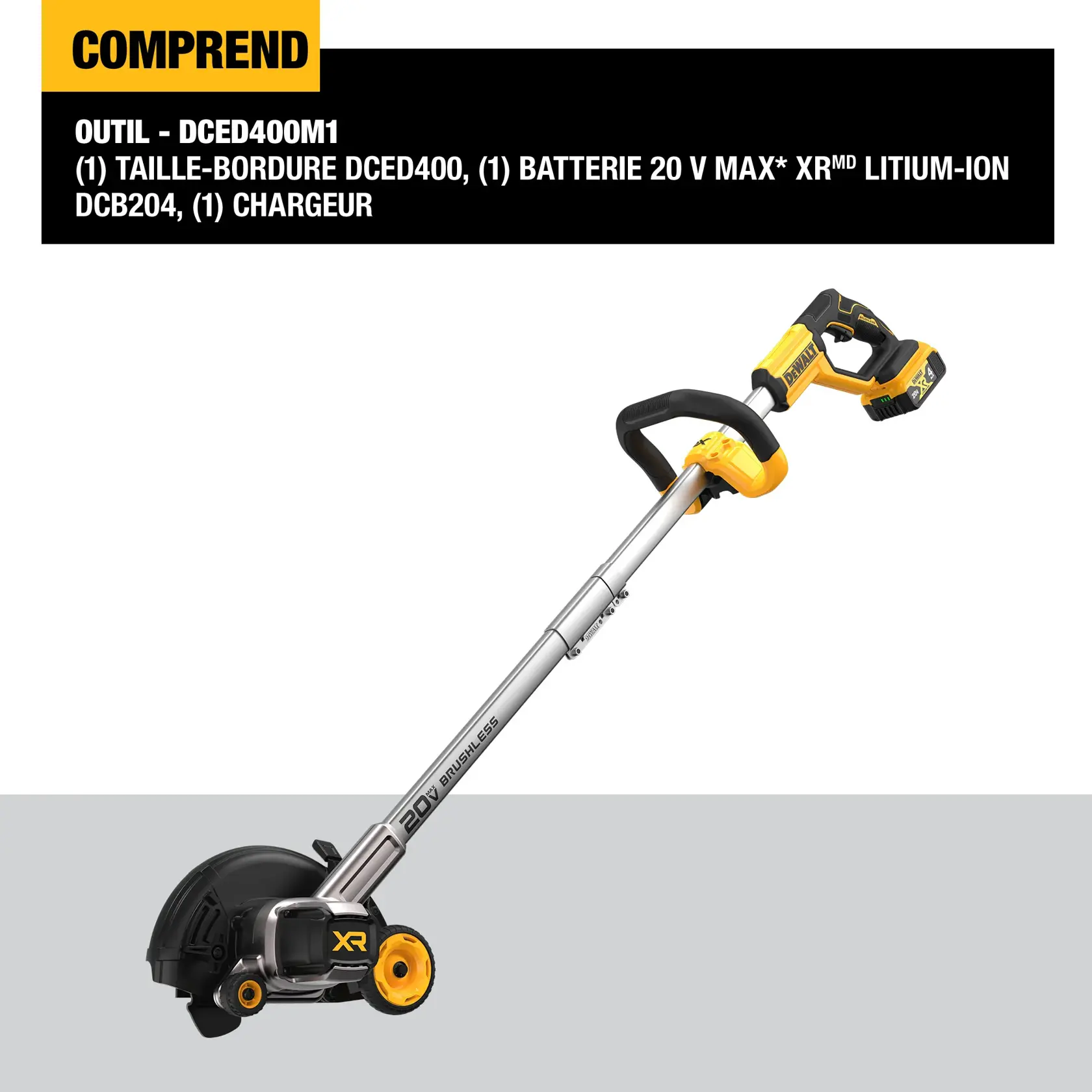 DEWALT DCED400M1 cordless edger kit. The image shows a yellow and black 20V MAX XR edger with a battery attached, a charger, and an edger blade. Text highlights that the kit includes the DCED400 edger, DCB204 20V MAX XR 4.0Ah battery, DCB112 charger, DZ0400 edger blade, and a tool for blade change.