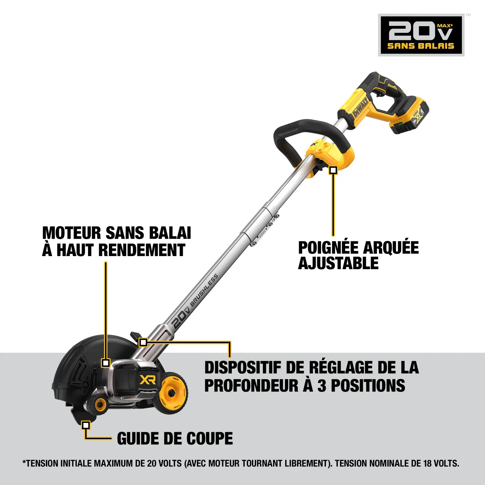 A DEWALT 20V brushless motor lawn edger with yellow and black design features, showing highlighted labels for 2-inch cutting depth, adjustable bail handle, and brushless motor.