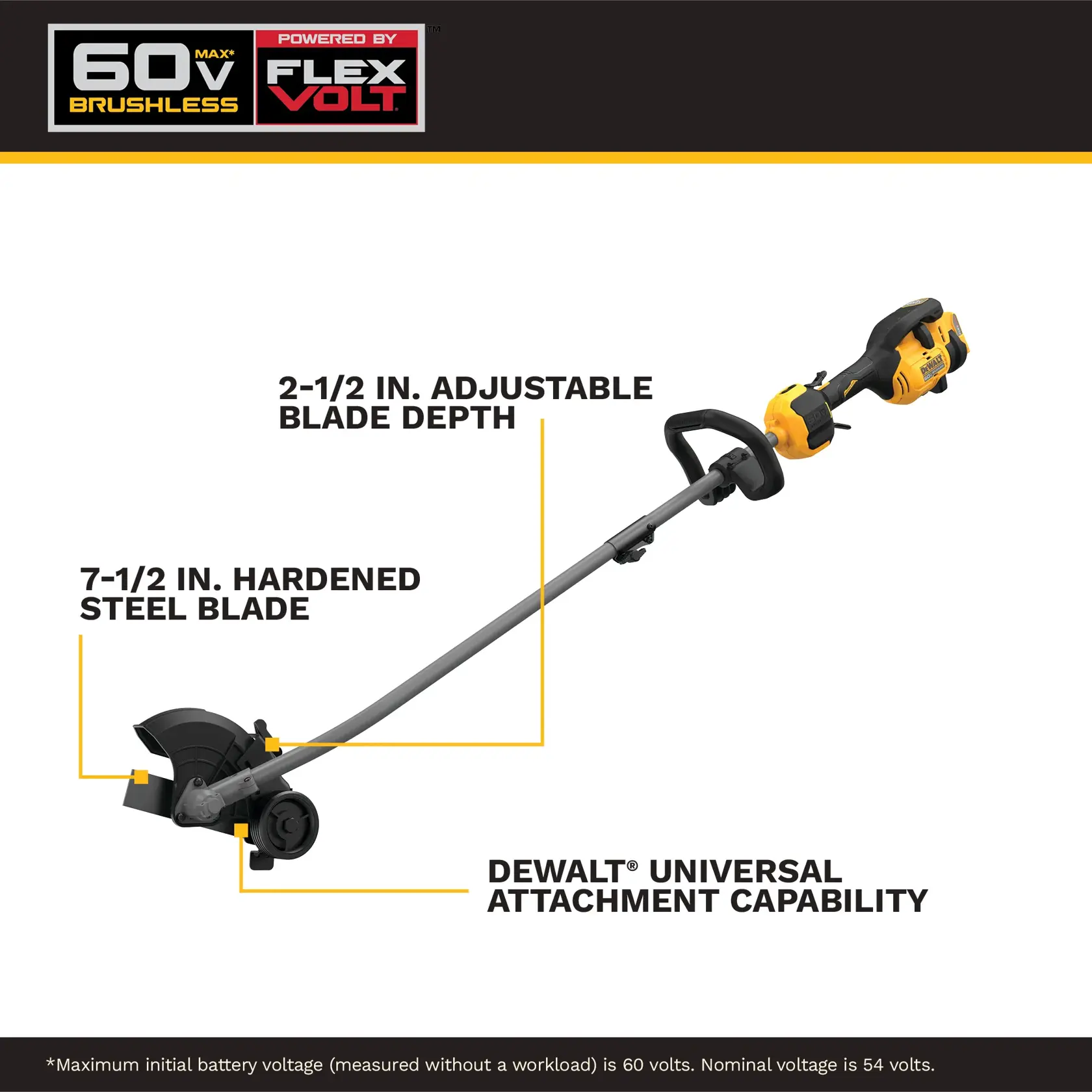 DEWALT 60V brushless edger with adjustable blade depth, hardened steel blade, and universal attachment capability.