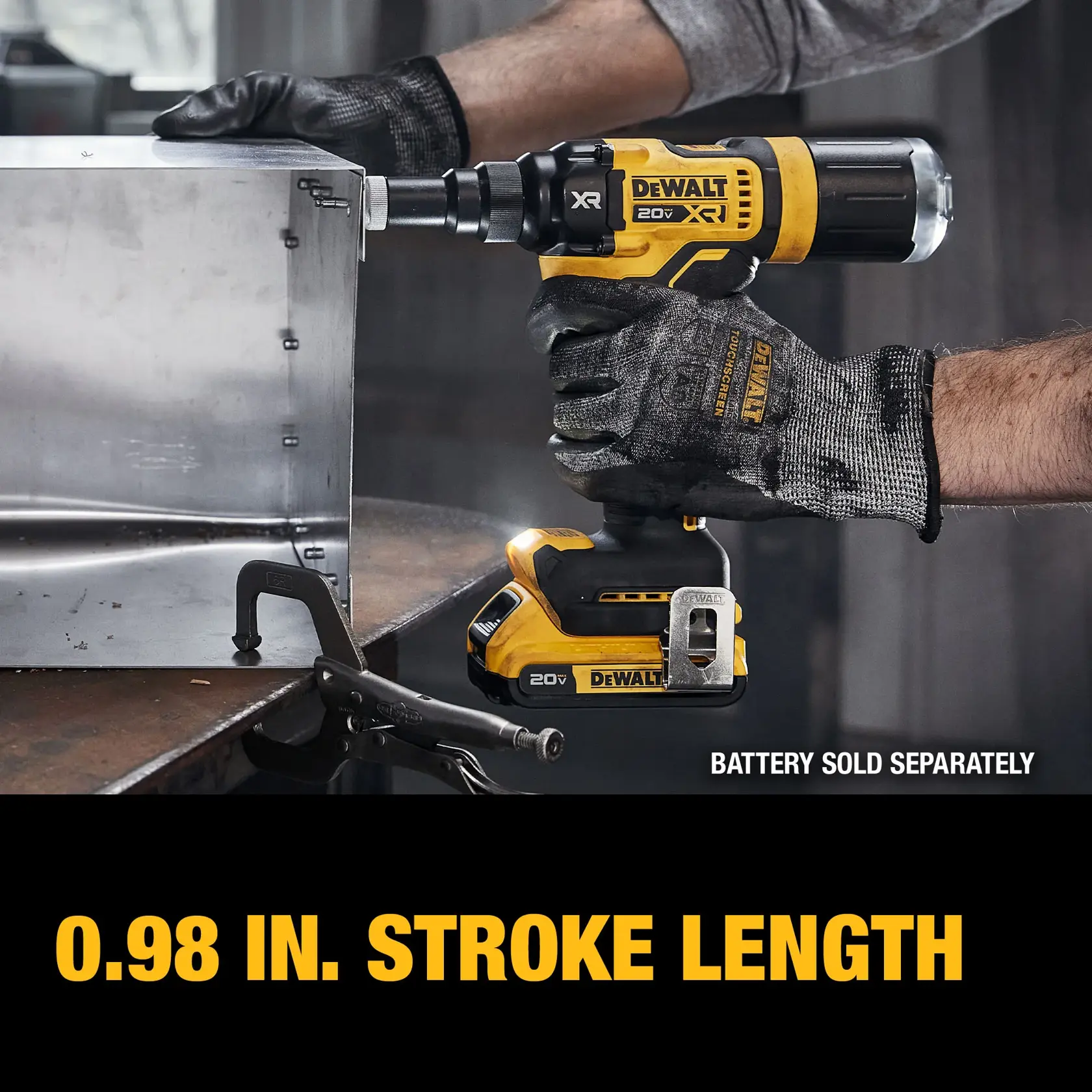 A person wearing gloves uses a DEWALT 20V XR cordless reciprocating saw (SKU: DCF403B) to cut through a metal sheet. The tool is yellow and black with the DEWALT logo visible, and the image text highlights a 0.98 inch stroke length. Note: Battery sold separately.