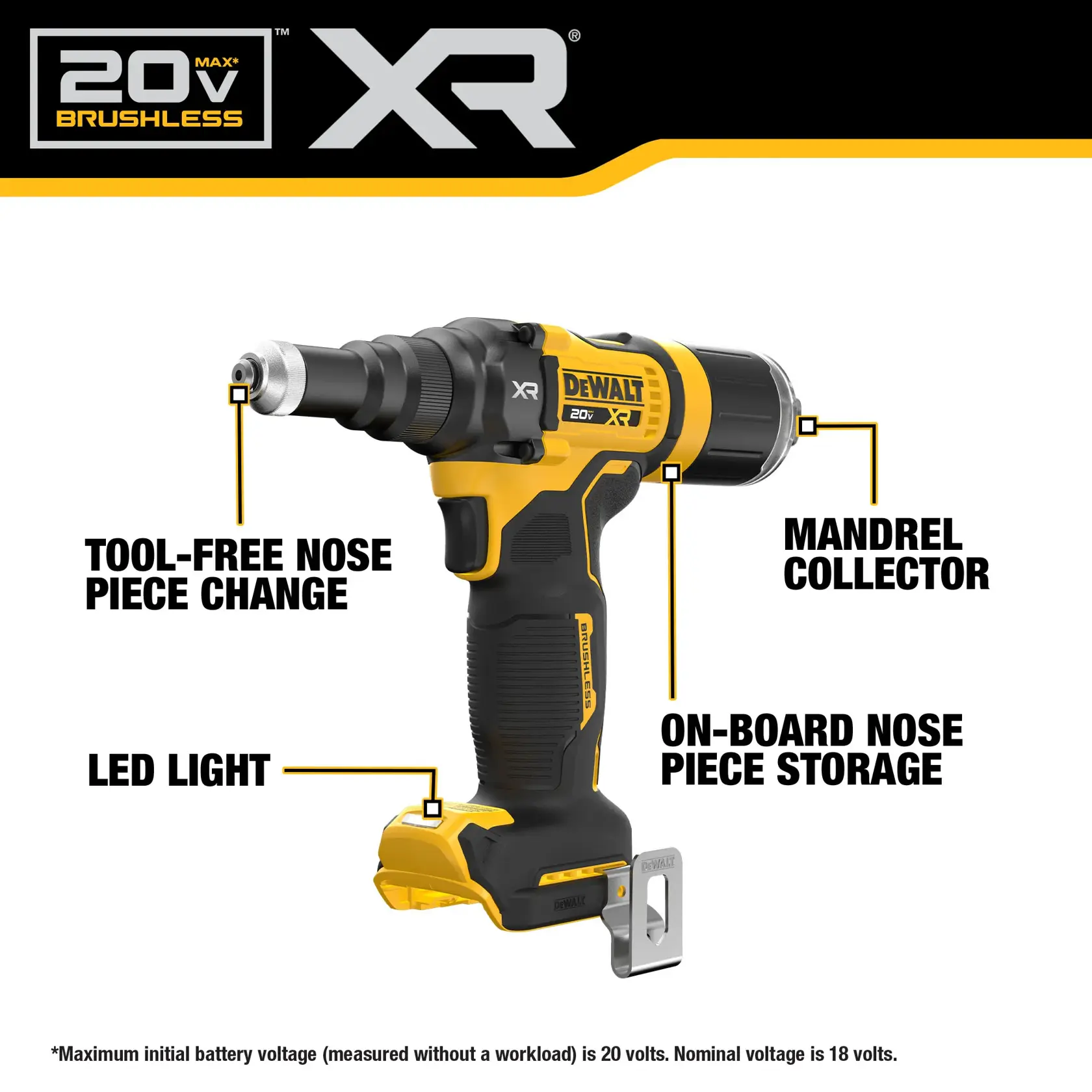 Image showing a DEWALT 20V MAX XR Brushless power tool, specifically a rivet tool (model DCF403B). The image highlights key features: tool-free nose piece change, mandrel collector, on-board nose piece storage, and an LED light.