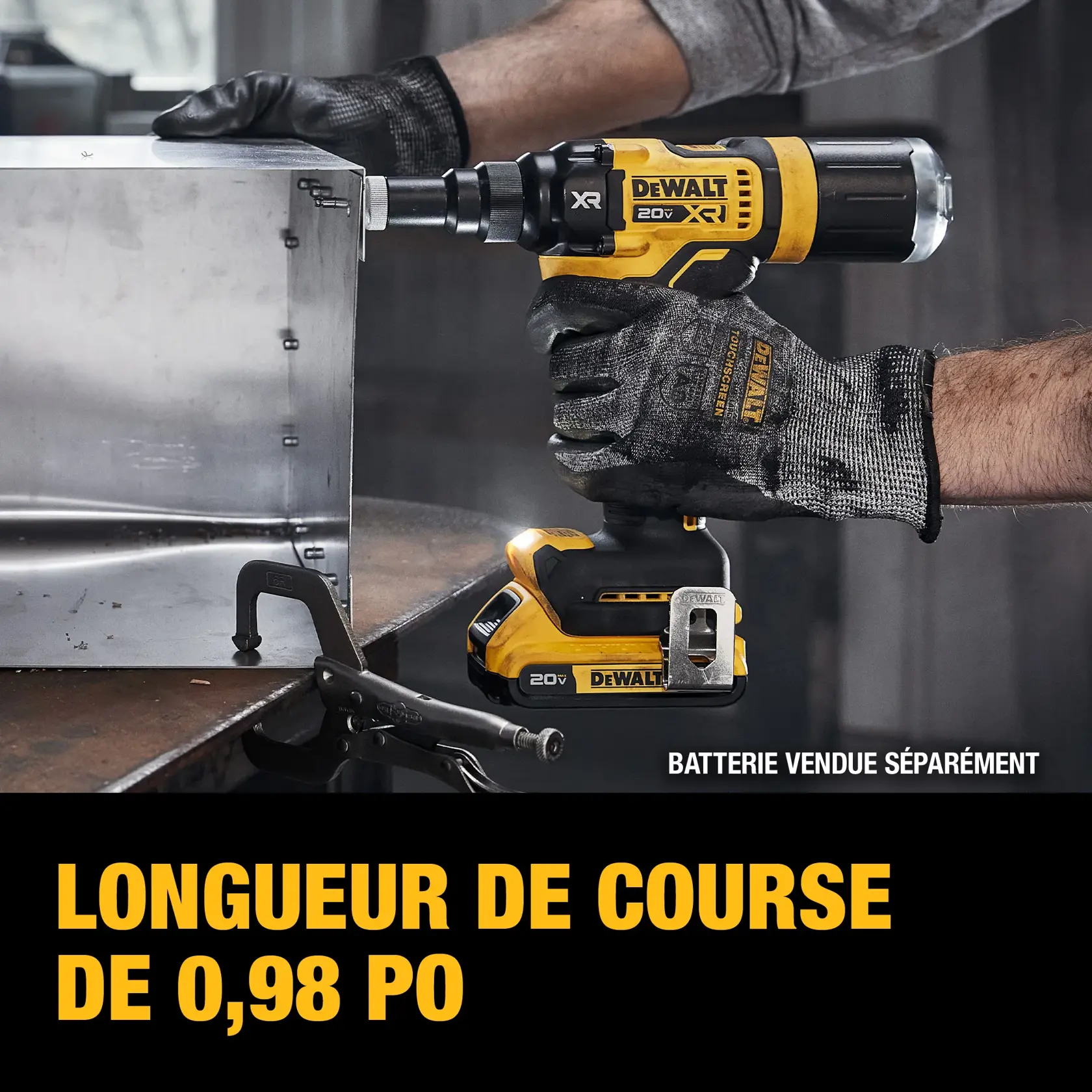 A person wearing gloves uses a DEWALT 20V XR cordless reciprocating saw (SKU: DCF403B) to cut through a metal sheet. The tool is yellow and black with the DEWALT logo visible, and the image text highlights a 0.98 inch stroke length. Note: Battery sold separately.