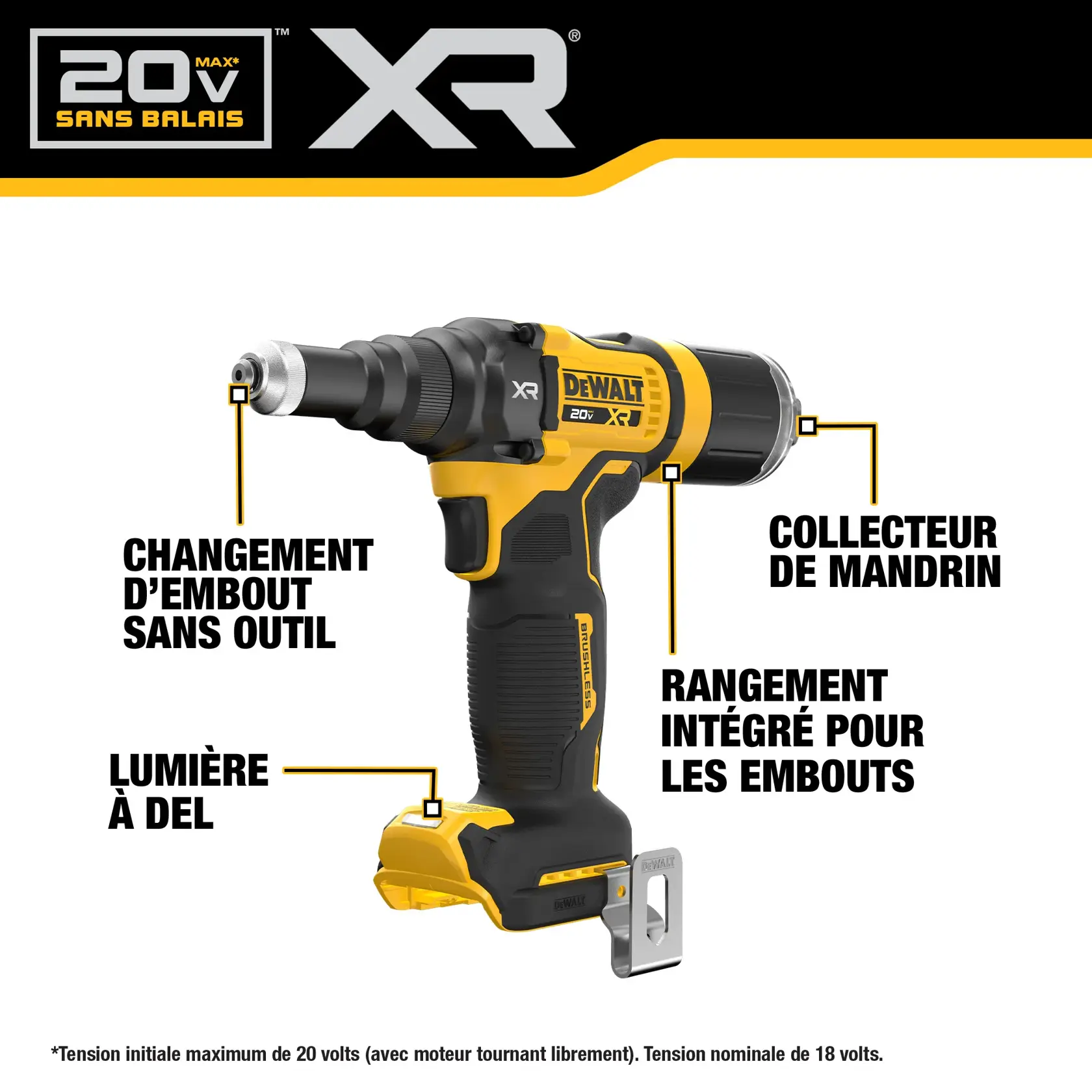 Image showing a DEWALT 20V MAX XR Brushless power tool, specifically a rivet tool (model DCF403B). The image highlights key features: tool-free nose piece change, mandrel collector, on-board nose piece storage, and an LED light.