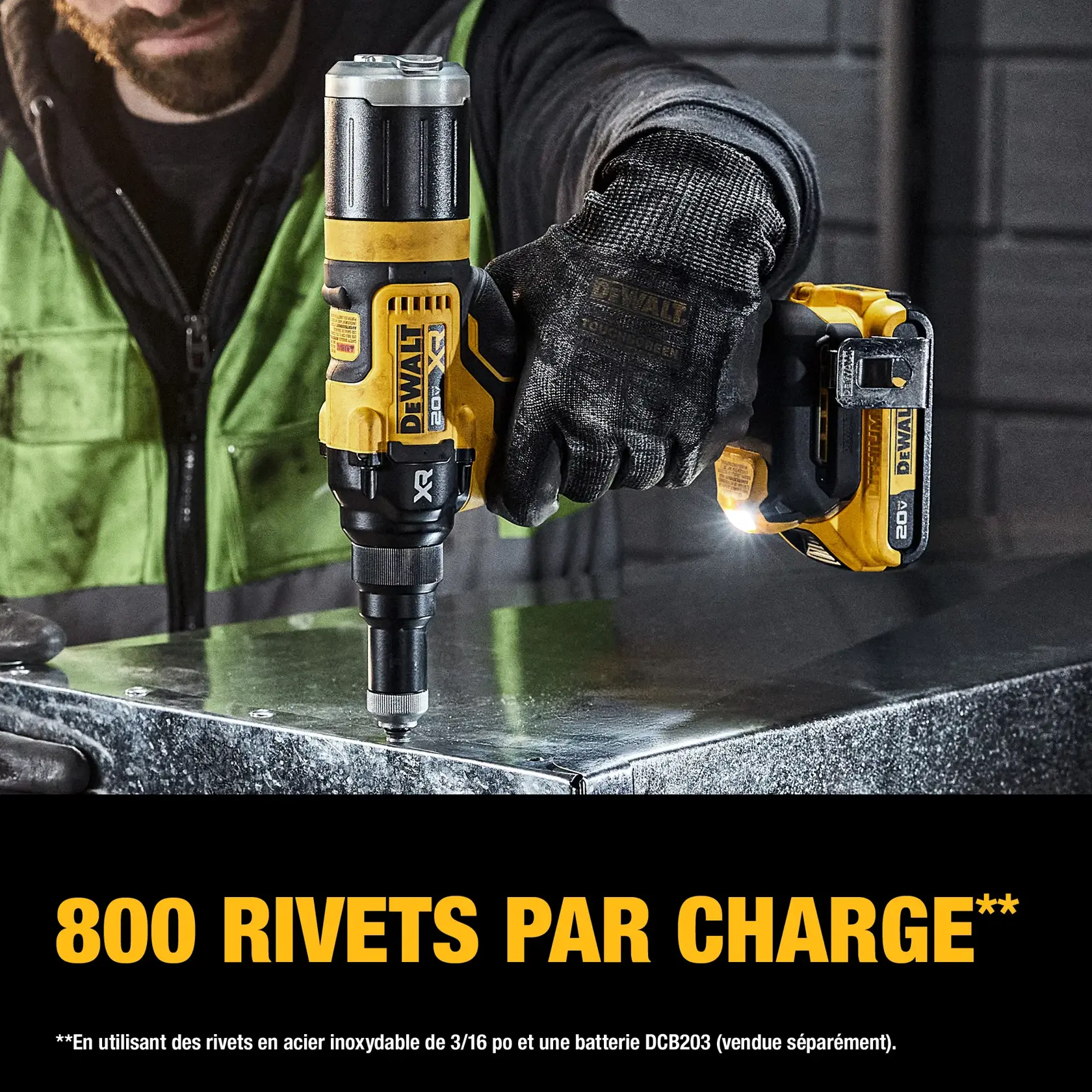 A person wearing work gloves uses a DEWALT 20V XR cordless rivet tool on a sheet of metal. The image highlights the tool's capability of installing up to 800 rivets per charge, with a note indicating this performance is with 3/16 inch stainless steel rivets and a DCB203 battery.