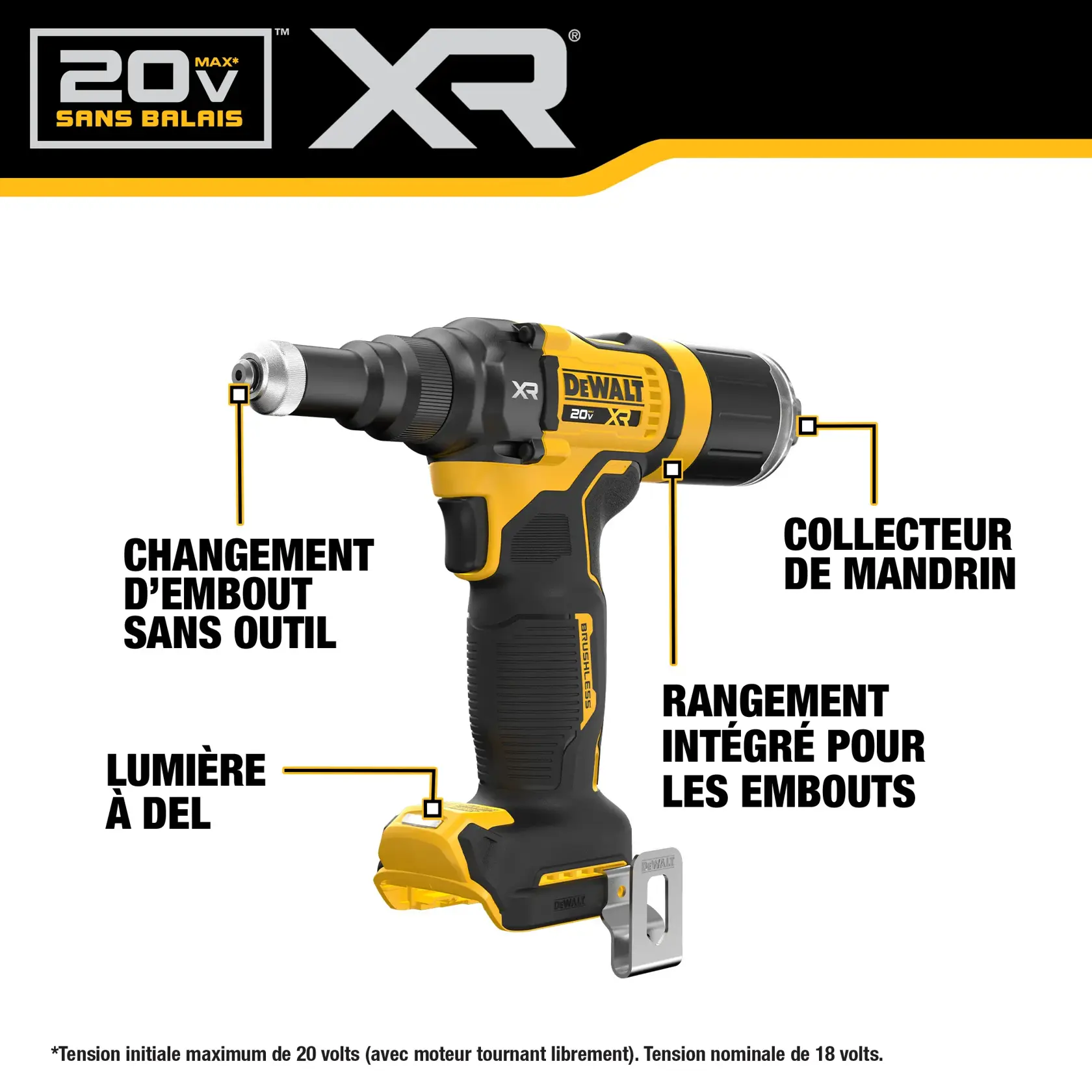 Image of a DEWALT 20V MAX XR brushless power tool, highlighting features including tool-free nose piece change, mandrel collector, LED light, and on-board nose piece storage.