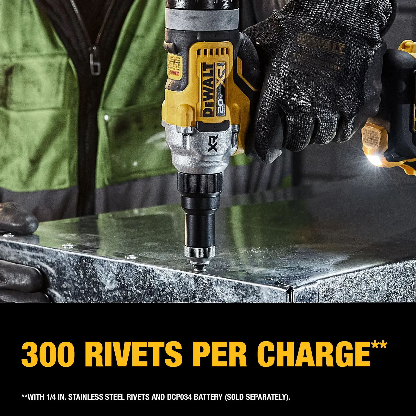 A close-up of a person using a DEWALT DCF414B cordless rivet tool to install rivets into a metal sheet. The tool is yellow and black, and the person is wearing gloves. Text on the image reads '300 rivets per charge.'