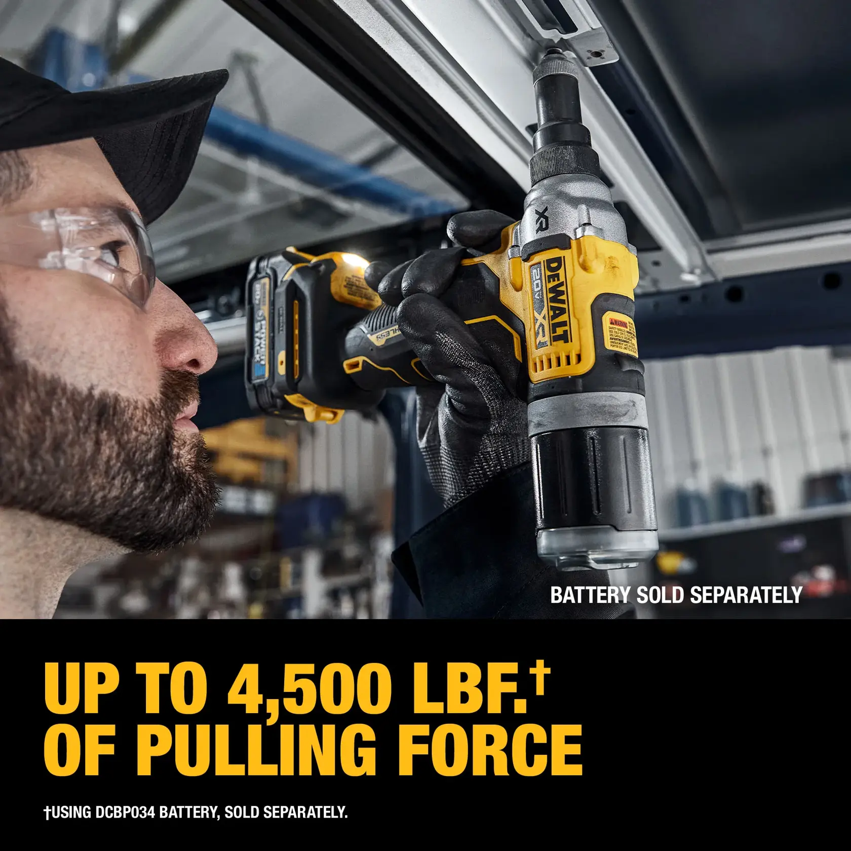 A person using a DEWALT DCF414B cordless power tool, wearing safety glasses and gloves. The tool is held against a metal surface in a workshop, and the image highlights the tool's capability of up to 4,500 lbf of pulling force. Battery is sold separately.