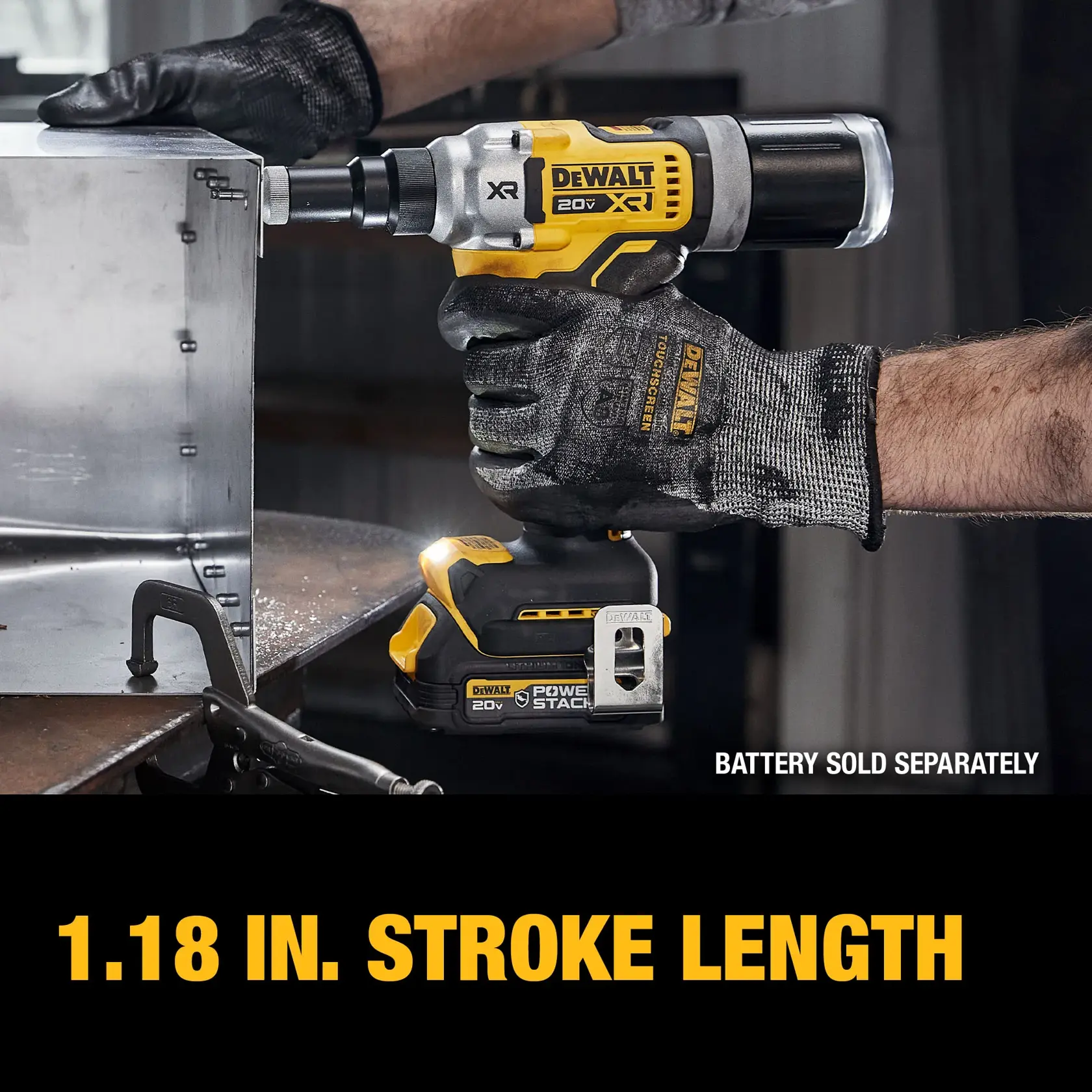 A person wearing protective gloves operates a DEWALT 20V XR cordless power tool equipped with a 1.18 inch stroke length, using it on a metal surface. The image notes that the battery is sold separately.