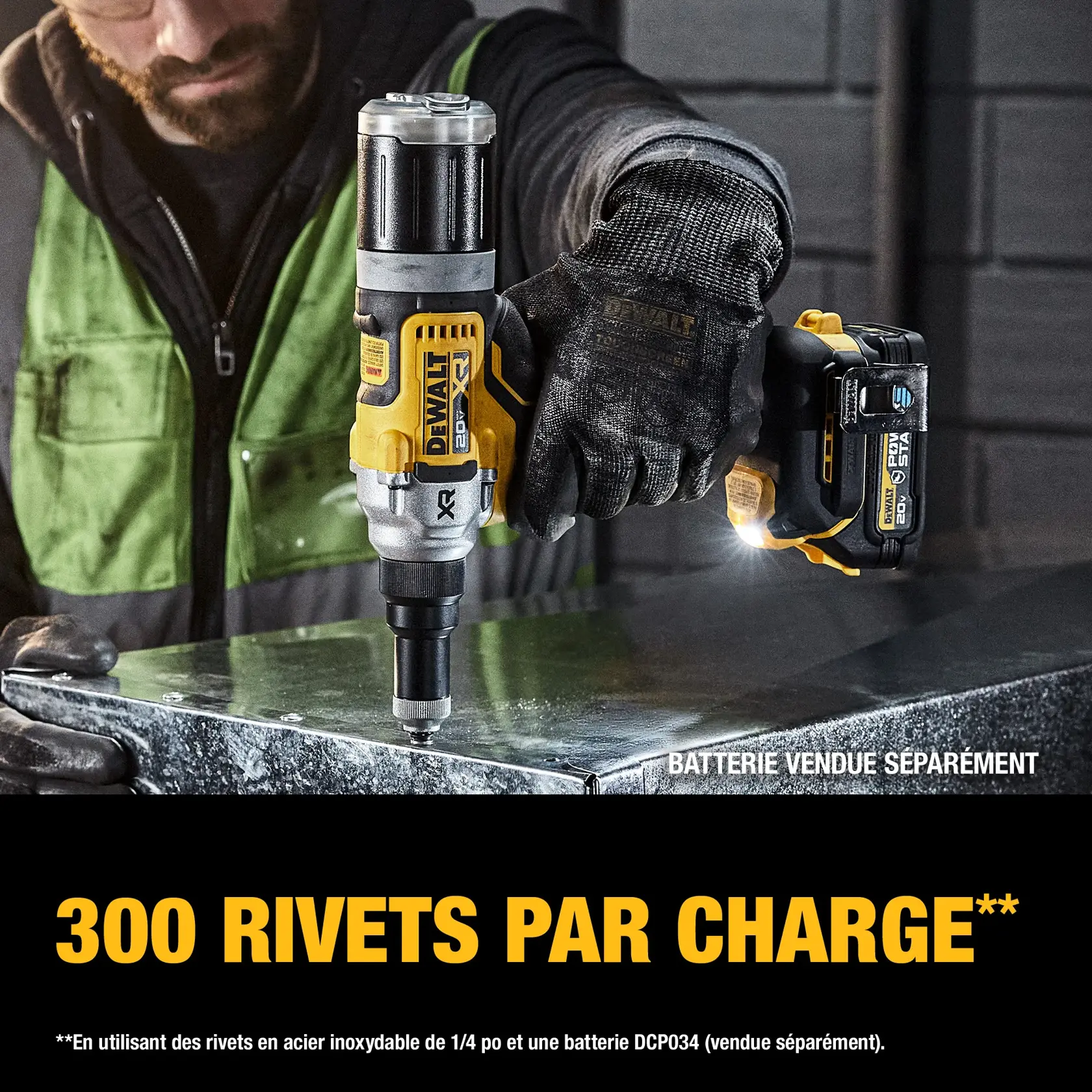 A close-up of a person using a DEWALT DCF414B cordless rivet tool to install rivets into a metal sheet. The tool is yellow and black, and the person is wearing gloves. Text on the image reads '300 rivets per charge.'