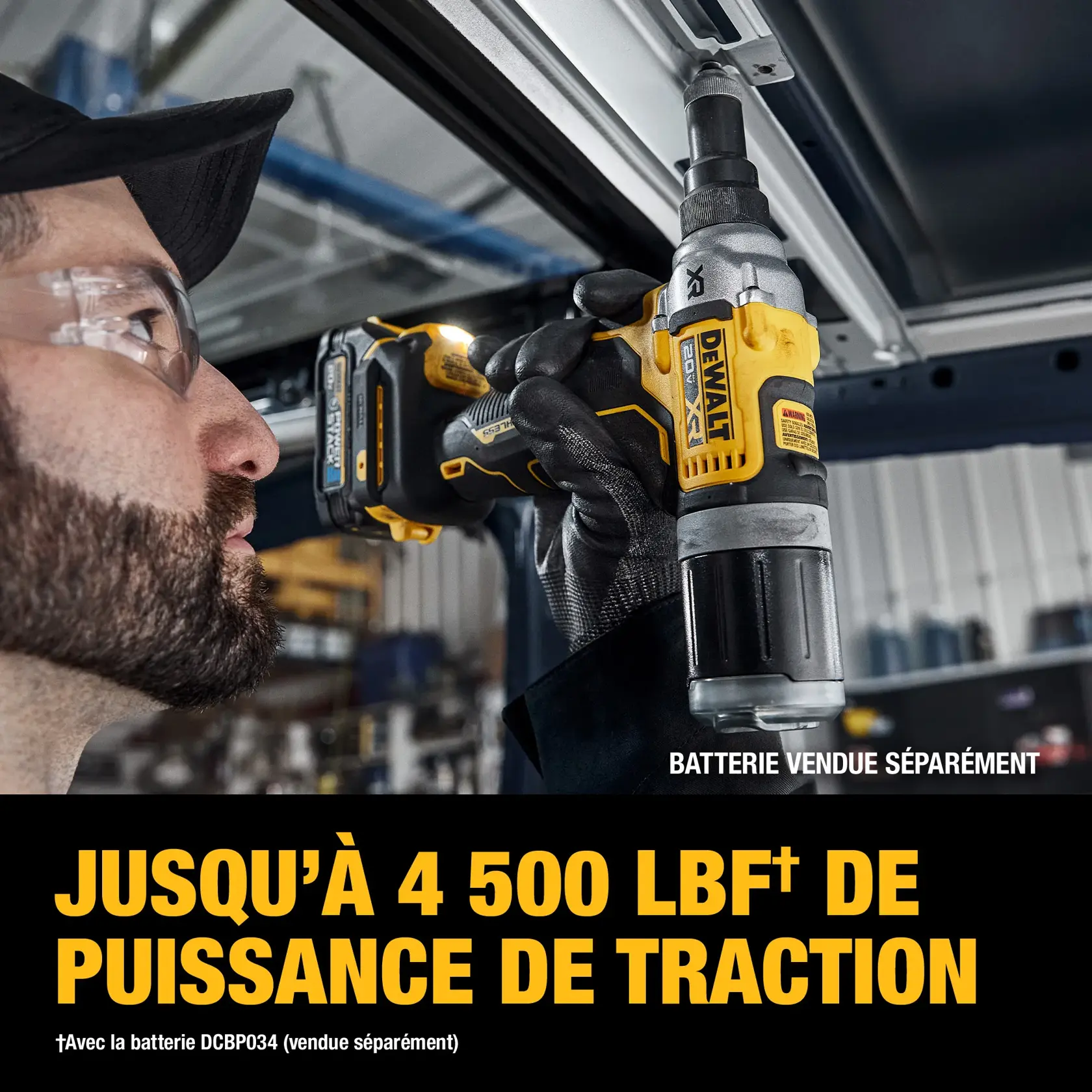 A person using a DEWALT DCF414B cordless power tool, wearing safety glasses and gloves. The tool is held against a metal surface in a workshop, and the image highlights the tool's capability of up to 4,500 lbf of pulling force. Battery is sold separately.