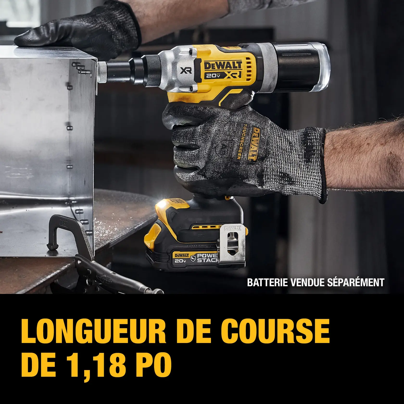A person wearing protective gloves operates a DEWALT 20V XR cordless power tool equipped with a 1.18 inch stroke length, using it on a metal surface. The image notes that the battery is sold separately.