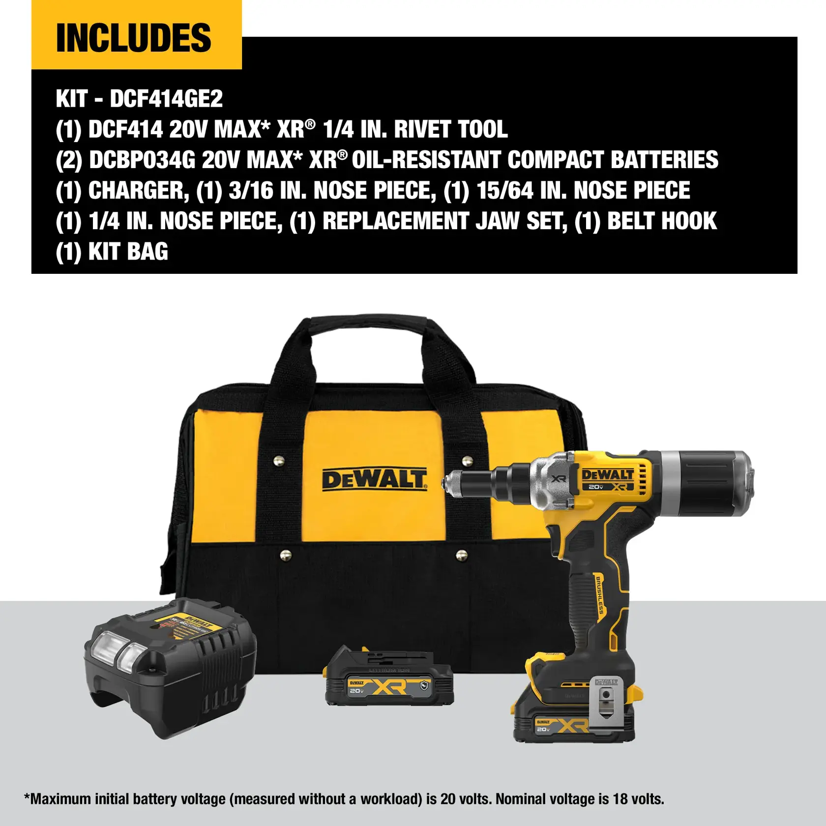 DEWALT DCF414GE2 kit displayed, including a yellow and black DEWALT kit bag, a 20V MAX XR 1/4 inch rivet tool, two 20V MAX XR oil-resistant compact batteries, a charger, various nose pieces, a replacement jaw set, a belt hook, and accessories. The text highlights kit contents and battery voltage details.