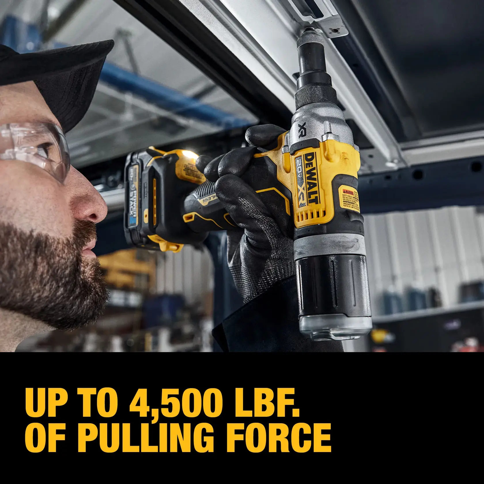 A close-up of a person using a DEWALT DCF414GE2 power tool on a metal surface, wearing safety glasses and gloves. The text highlights the tool's pulling force of up to 4,500 lbf.