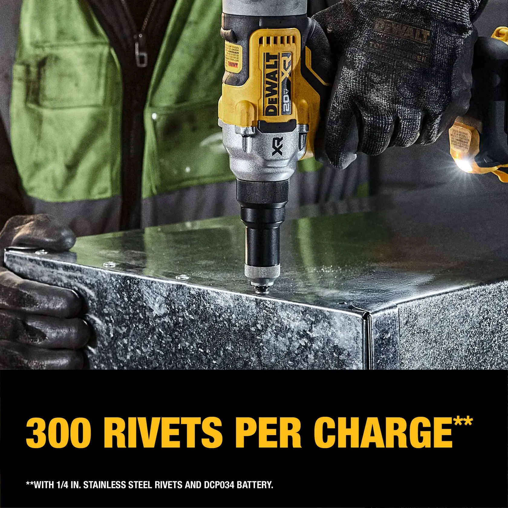 A close-up of a person using a yellow and black DEWALT cordless power tool to fasten rivets into a metal surface. The text highlights that the tool can fasten 300 rivets per charge with 1/4 inch stainless steel rivets and a DCP034 battery.