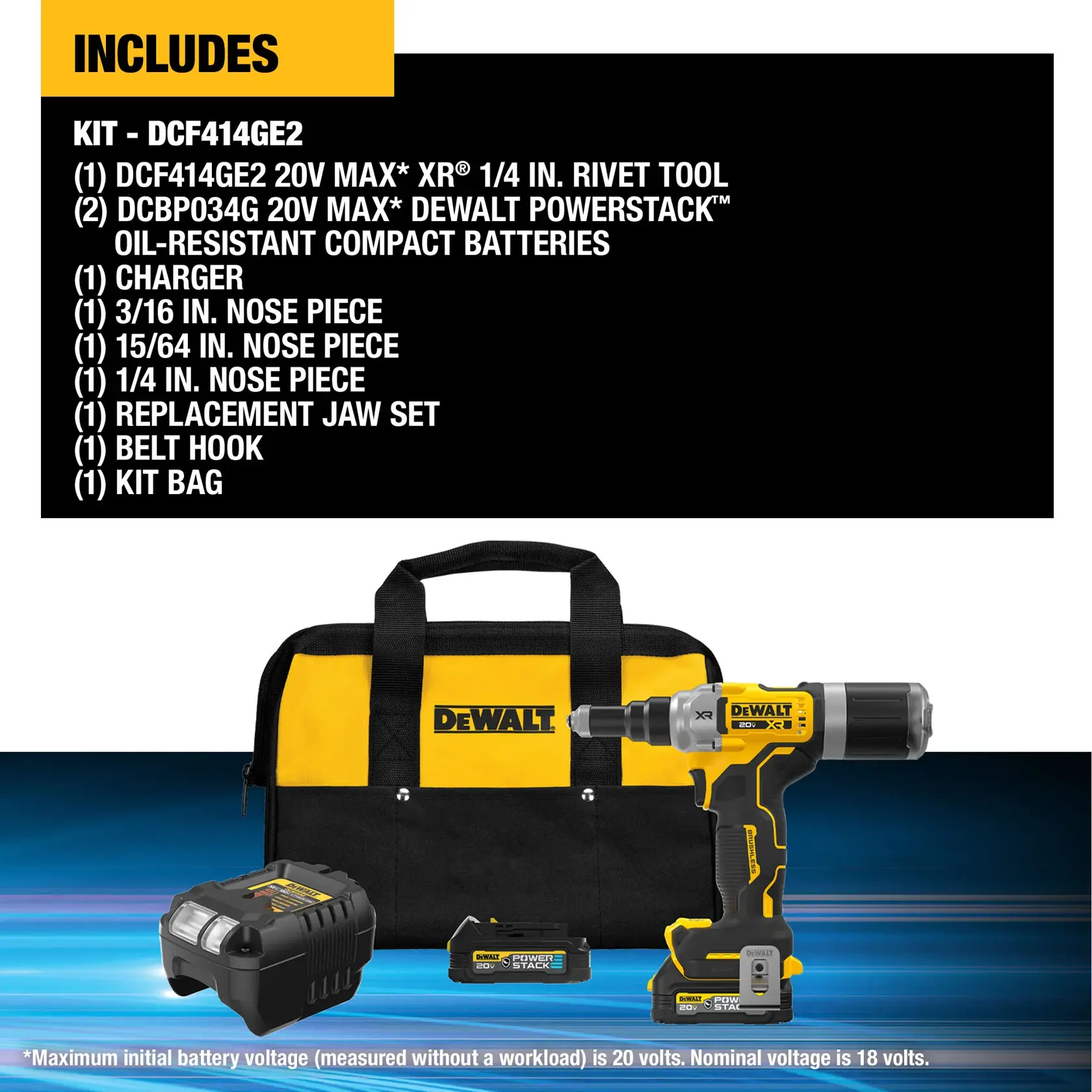 DEWALT DCF414GE2 kit contents shown, including a 20V MAX XR 1/4 inch rivet tool, two POWERSTACK oil-resistant compact batteries, a charger, three nose pieces of different sizes, a replacement jaw set, a belt hook, and a kit bag. All items are displayed against a blue gradient background.
