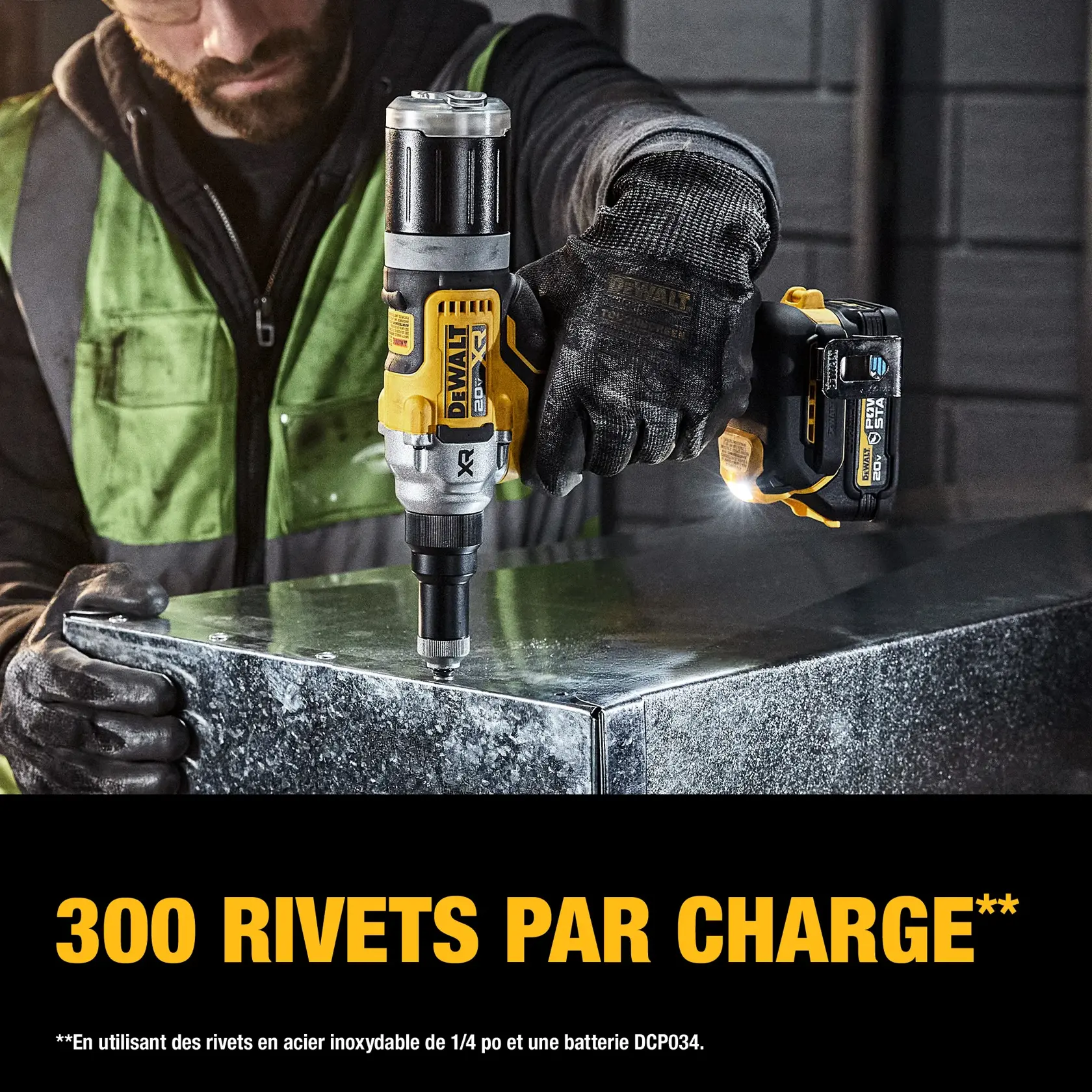 DEWALT DCF414GE2 kit displayed, including a yellow and black DEWALT kit bag, a 20V MAX XR 1/4 inch rivet tool, two 20V MAX XR oil-resistant compact batteries, a charger, various nose pieces, a replacement jaw set, a belt hook, and accessories. The text highlights kit contents and battery voltage details.