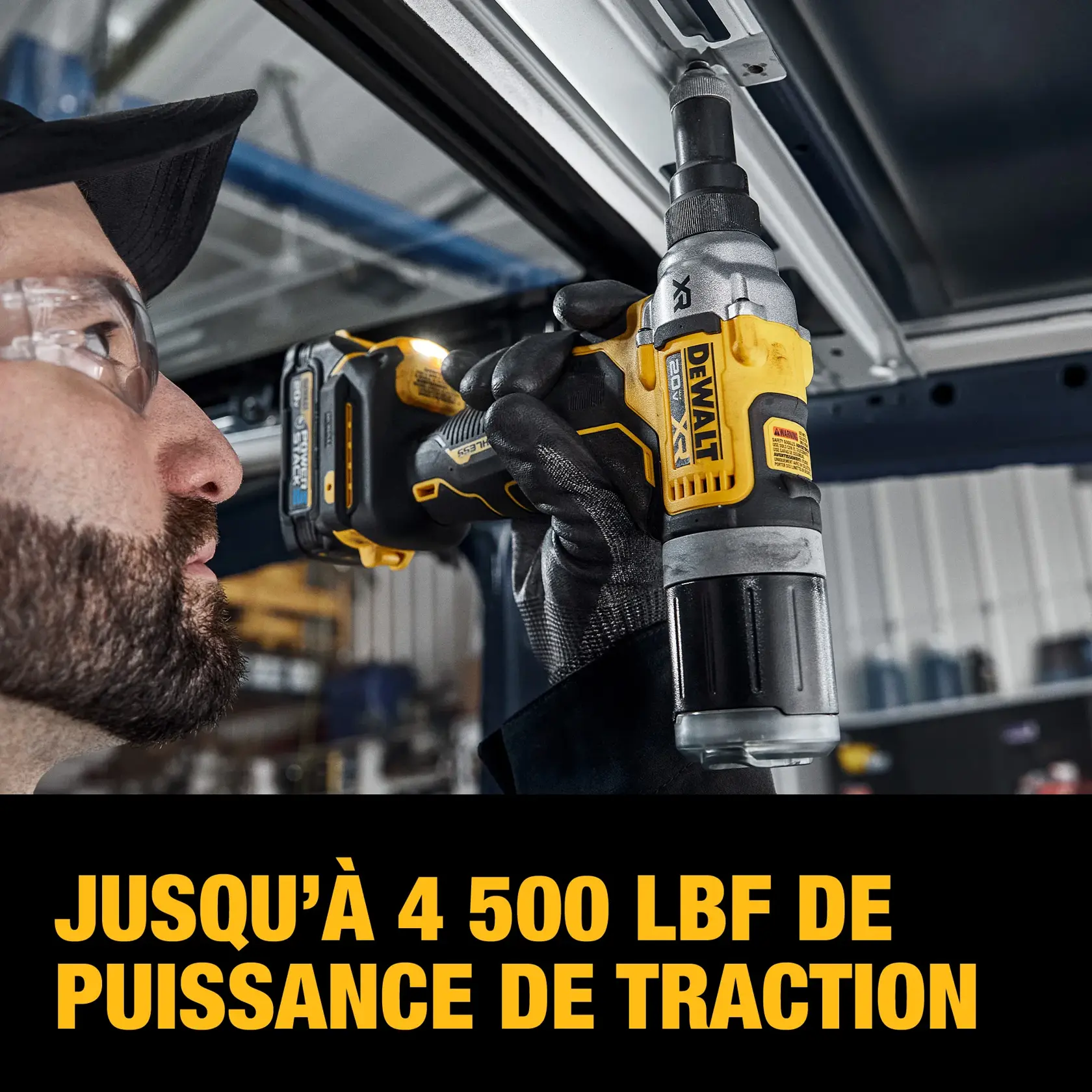 A close-up of a person using a DEWALT DCF414GE2 power tool on a metal surface, wearing safety glasses and gloves. The text highlights the tool's pulling force of up to 4,500 lbf.