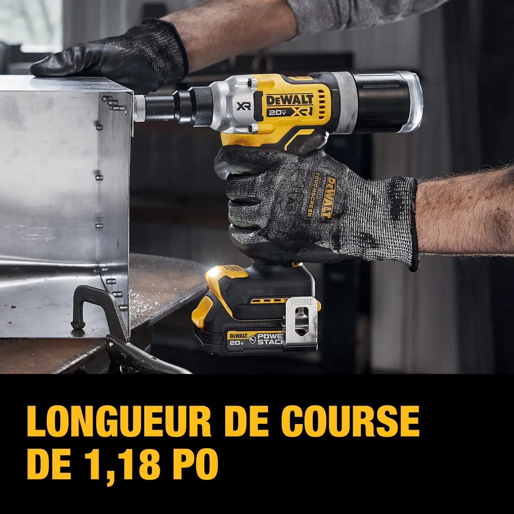 A close-up of a person using a yellow and black DEWALT cordless power tool to fasten rivets into a metal surface. The text highlights that the tool can fasten 300 rivets per charge with 1/4 inch stainless steel rivets and a DCP034 battery.